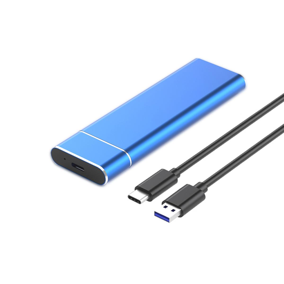 Blaue externe Festplatte mit USB- und USB-C-Kabeln, weißer Hintergrund.