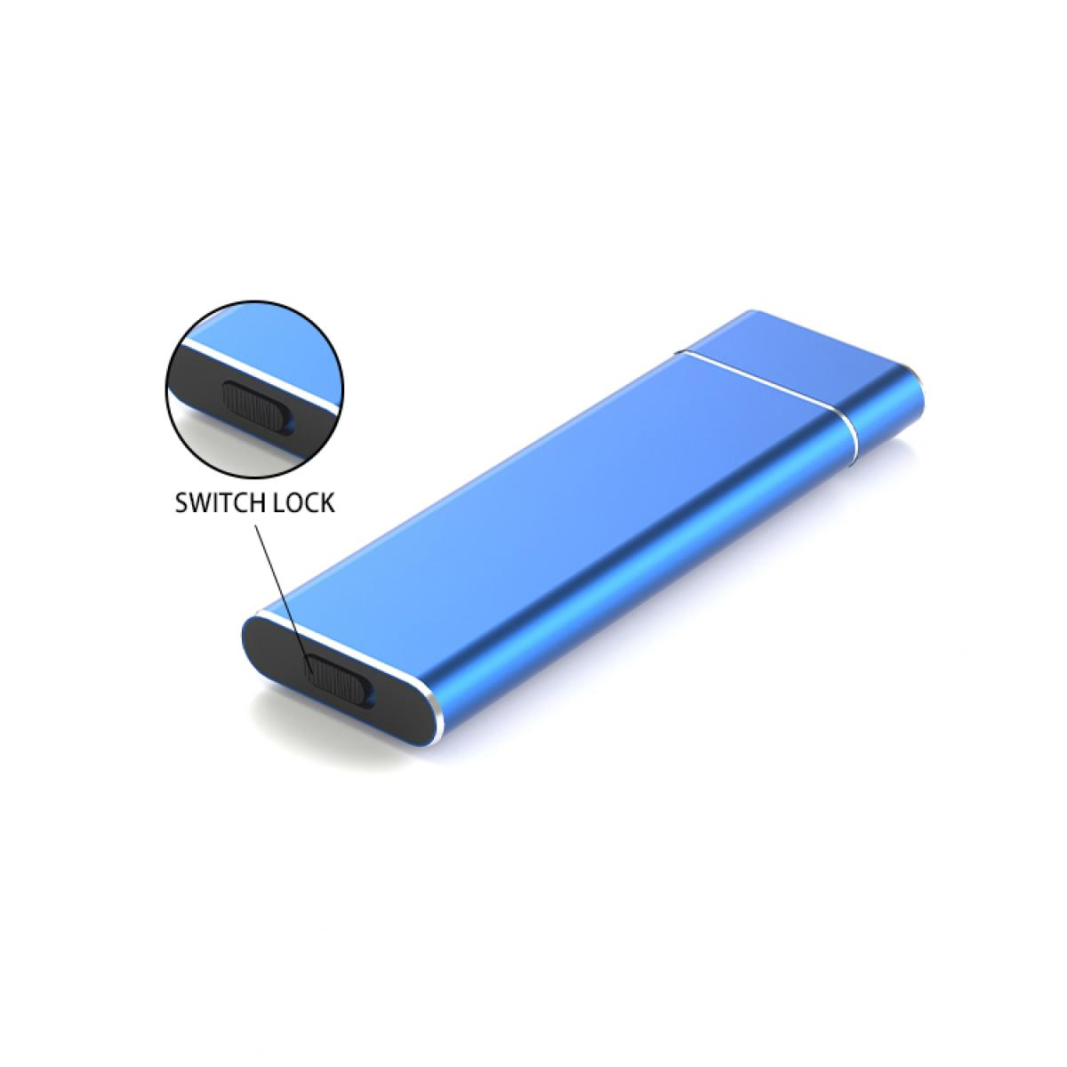 Blaue externe Festplatte mit Switch-Lock-Etikett, isoliert auf Weiß.