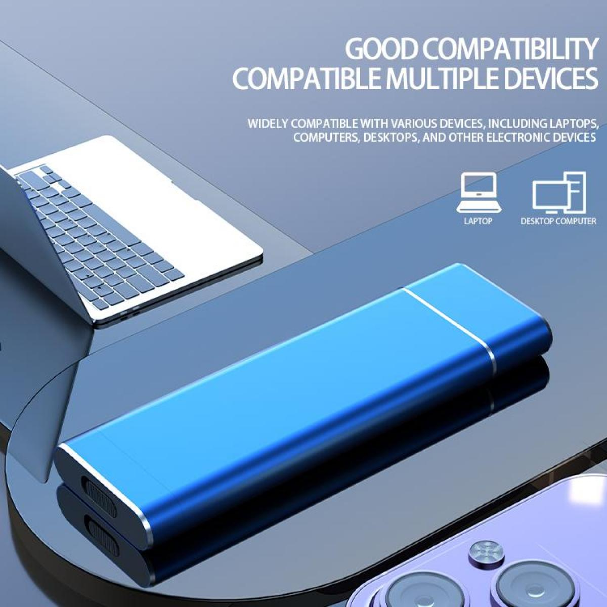 Blaue externe Festplatte auf reflektierender Oberfläche, Laptop und Telefon sichtbar.