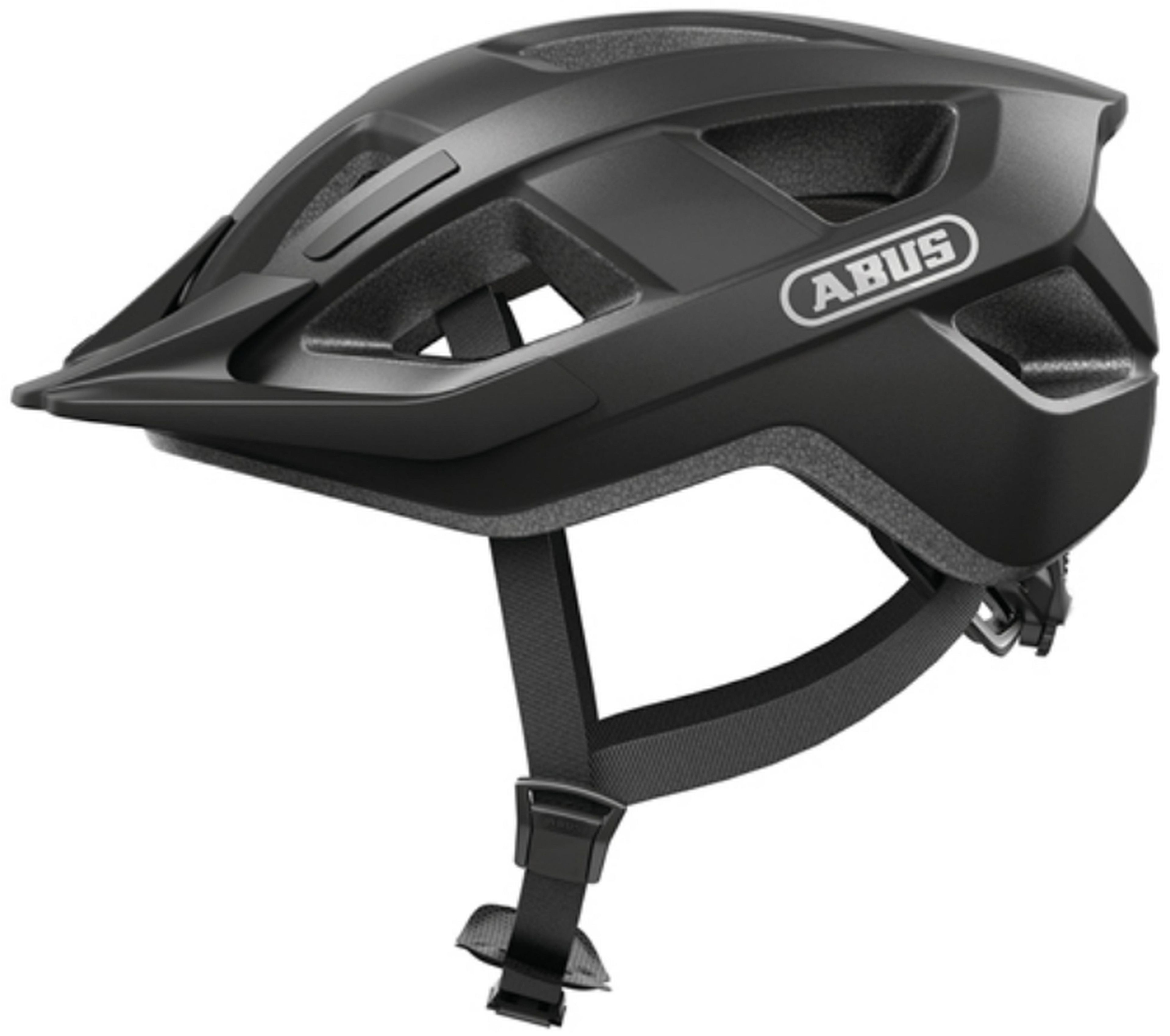 Schwarzer Fahrradhelm mit 'ABUS'-Logo auf weißem Hintergrund.