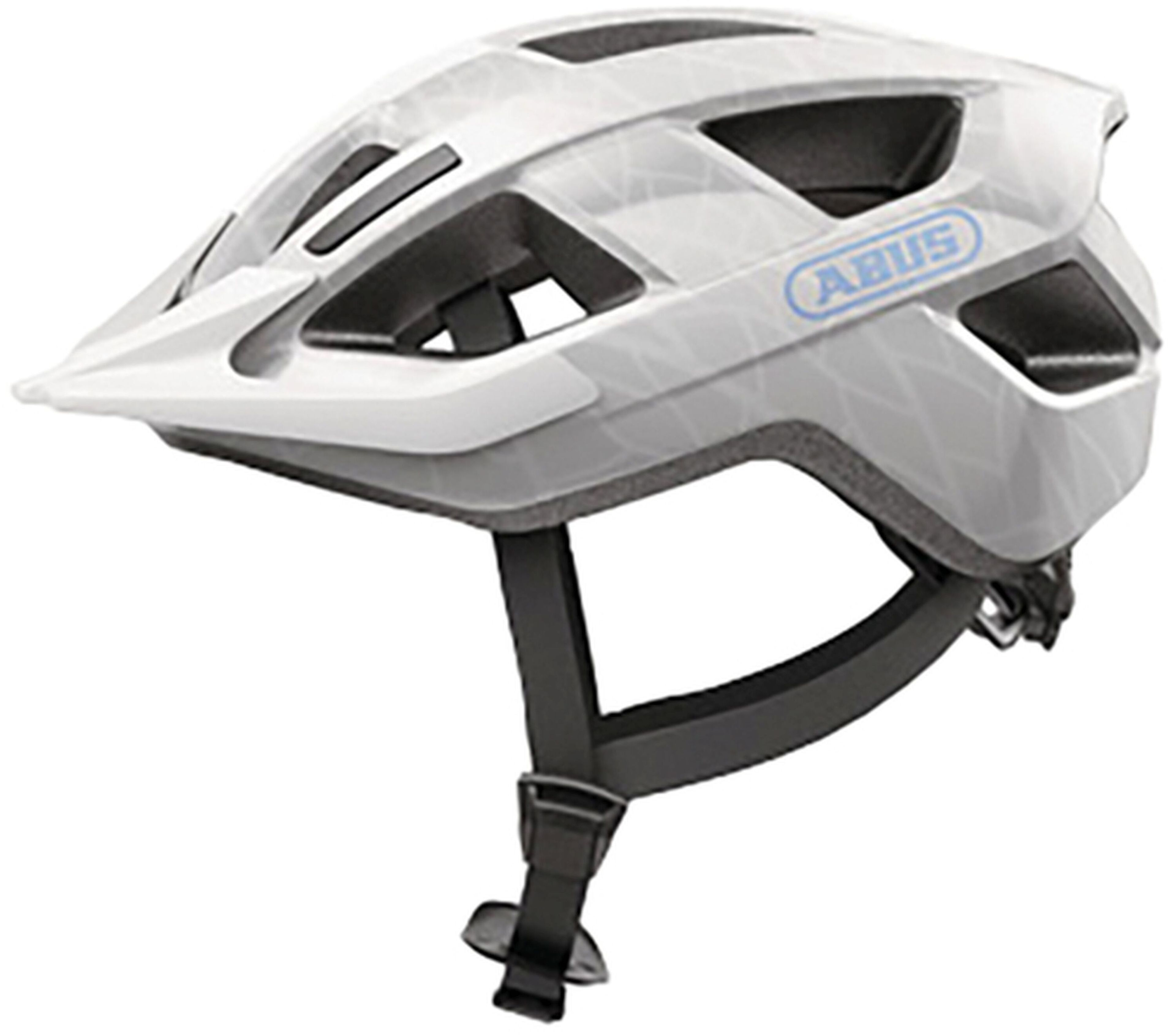 Weißer Fahrradhelm mit grauen Akzenten und dem 'ABUS'-Logo.