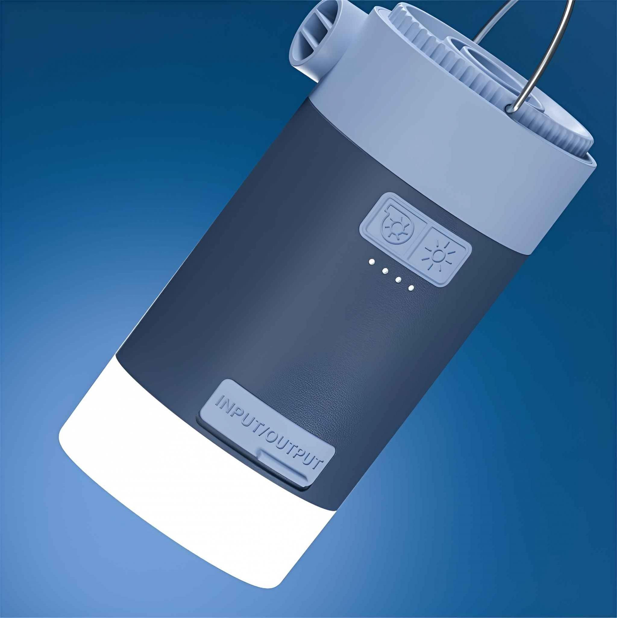 Dunkelblaue Taschenlampe mit Knöpfen und Griff, weißes Licht an der Basis.
