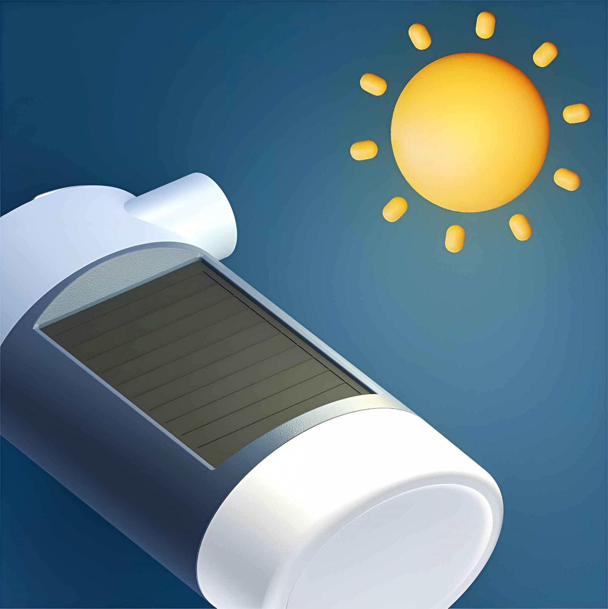 Solarbetriebene Lampe mit Sonnensymbol auf blauem Hintergrund.