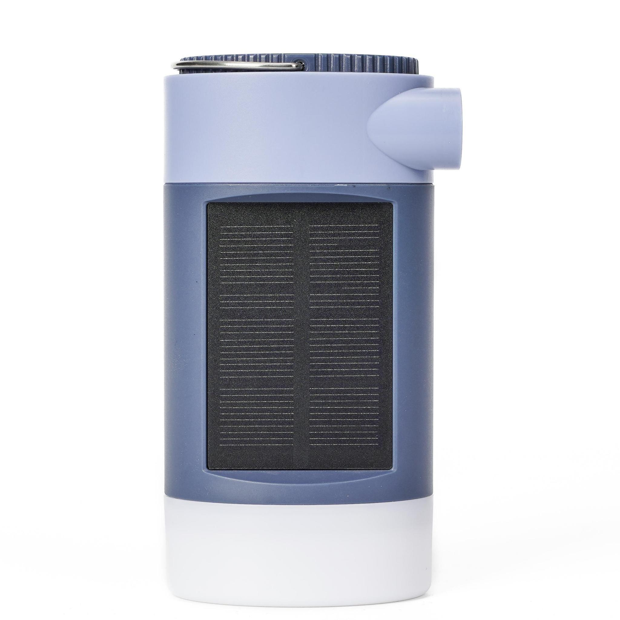 Zylindrisches Gerät mit Solarpanel, Lichtteil und blau-grauem Gehäuse.