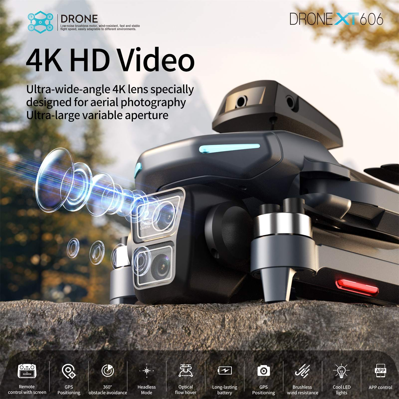 Schwarze Drohne mit Kamera und Text über 4K HD Video und Weitwinkelobjektiv.