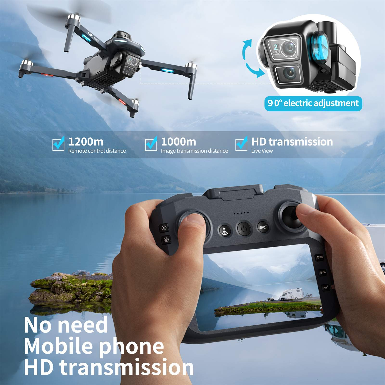 Eine Drohne fliegt über Wasser, gesteuert von Händen, die einen Controller halten. Text zeigt Entfernung und Bildübertragung.