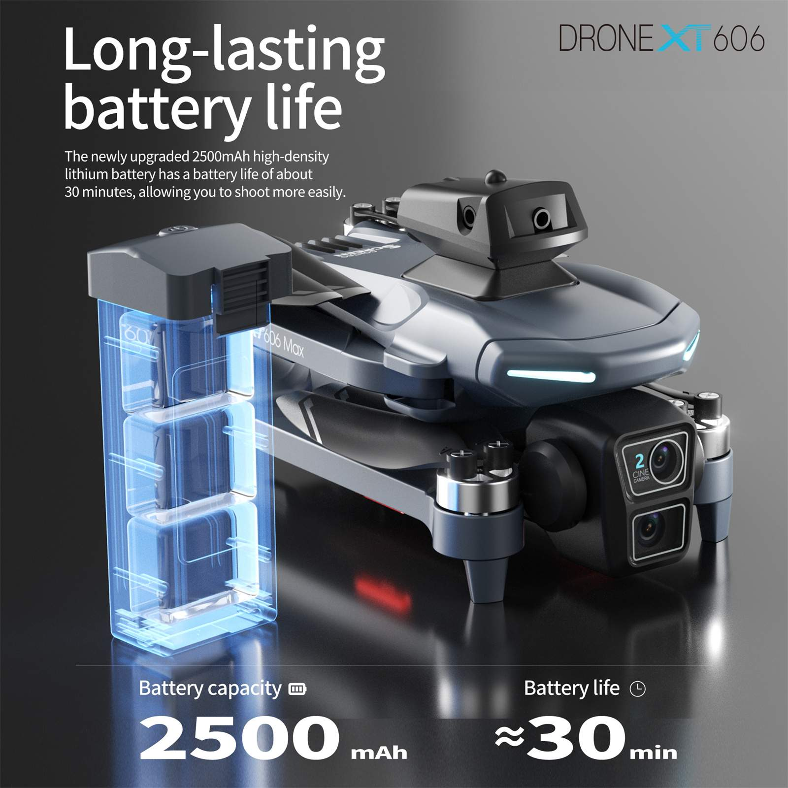 Drohne mit Akku und Text über lange Akkulaufzeit, 2500 mAh und 30 Min.