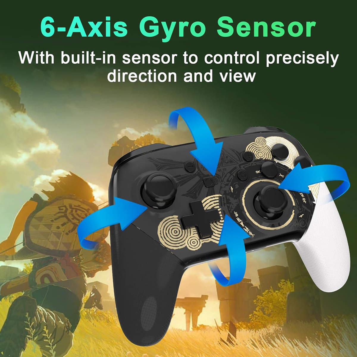 Ein schwarzer Controller mit einem 6-Achsen-Gyrosensor. Pfeile zeigen die Richtungen an. Der Controller hat goldene Designs und weiße Seiten.