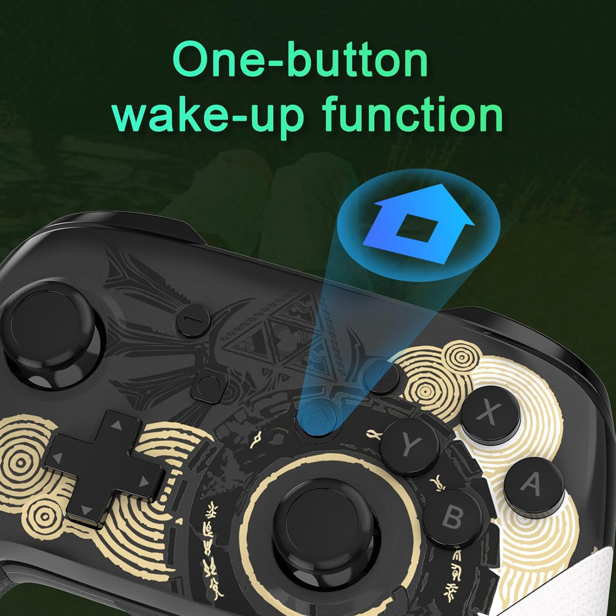 Nahaufnahme eines Switch Pro Controllers, mit Overlay, das die Wake-up-Funktion und ein Haus zeigt.