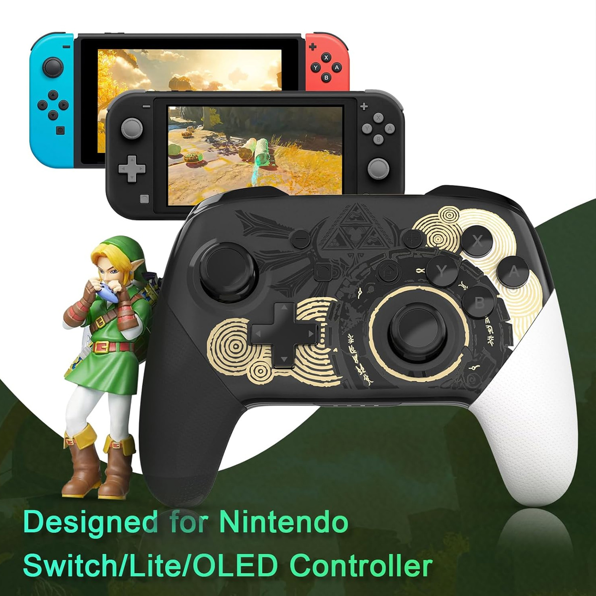 Schwarzer Switch Pro Controller mit Golddetails, neben Switch Konsolen und Link Figur.