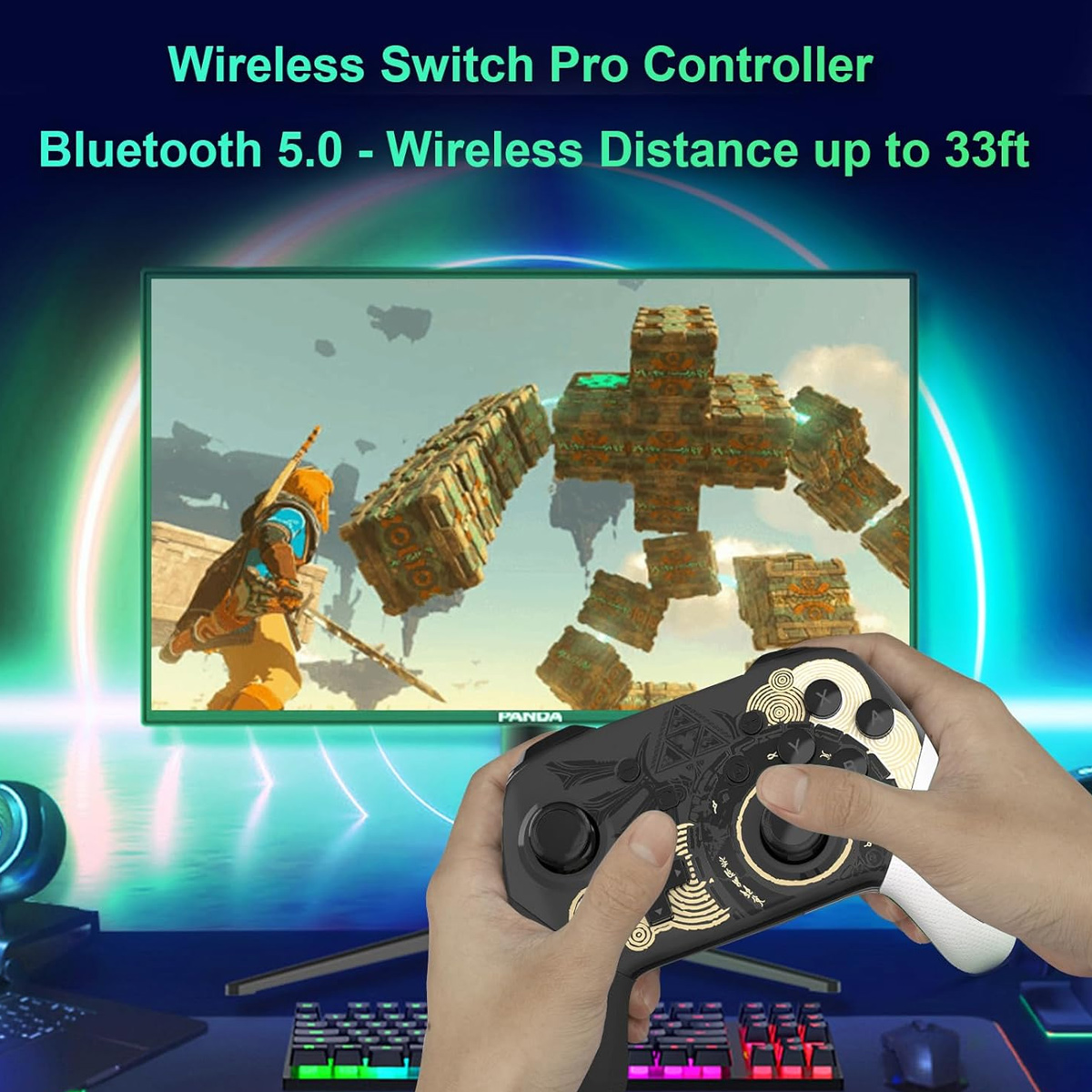 Hände halten Switch Pro Controller, spielen Spiel auf Bildschirm, Text-Overlay.