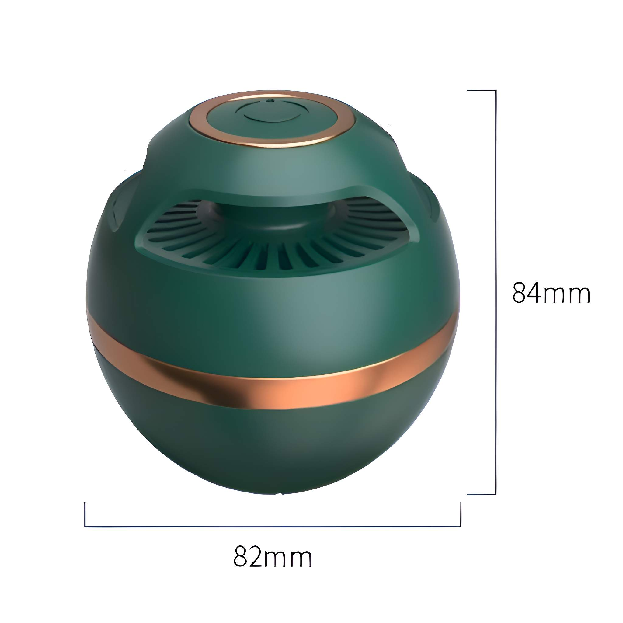 Ein grünes, kugelförmiges Gerät mit bronzefarbenen Akzenten. Abmessungen 84 mm x 82 mm sind angegeben.