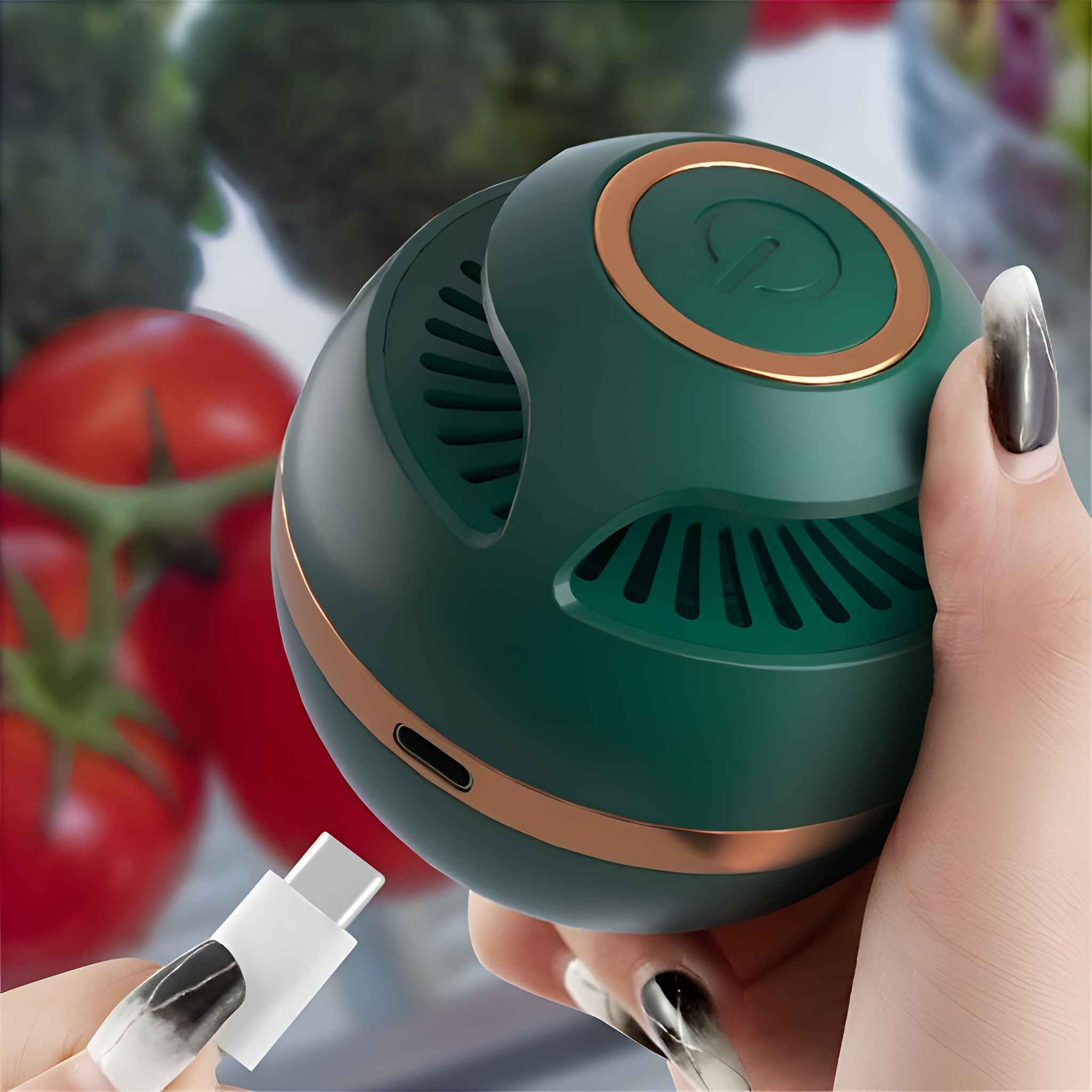 Eine Hand hält ein grünes Gerät und verbindet ein weißes USB-C-Kabel. Rote Tomaten im Hintergrund.