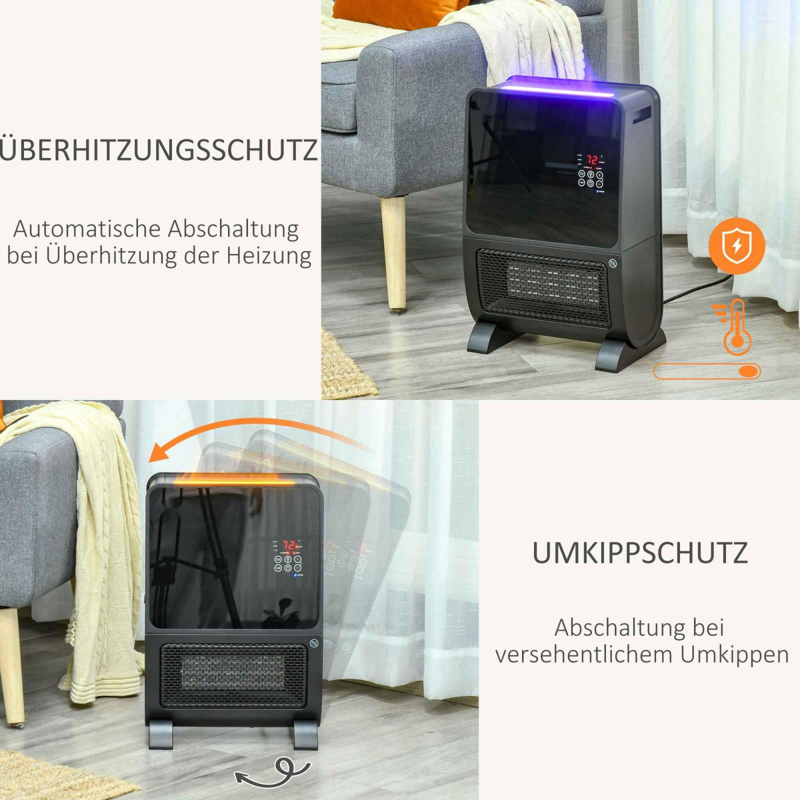 Schwarze Heizung. Ein Bild zeigt sie aufrecht, das andere gekippt. Deutscher Text an der Seite.