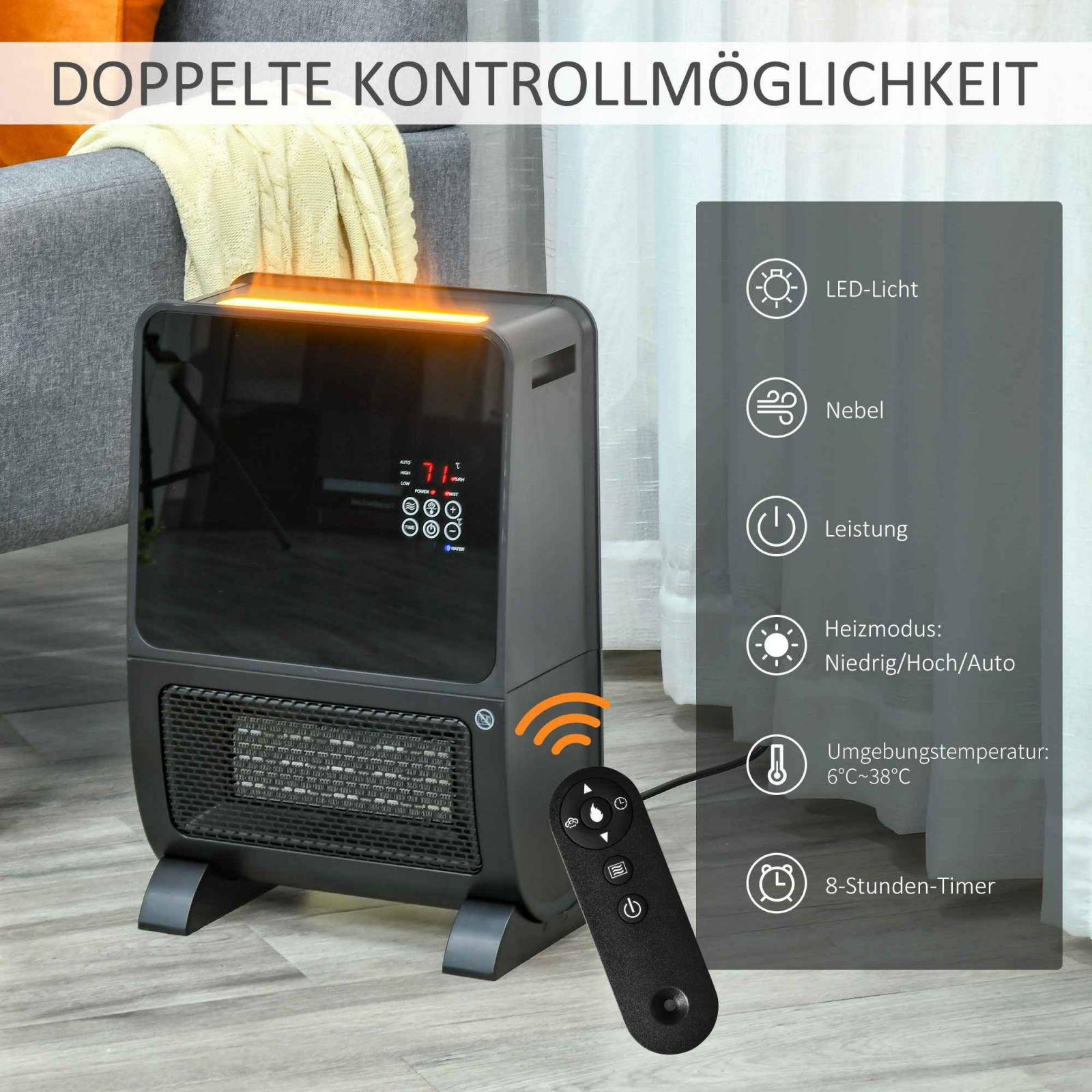 Schwarze Heizung mit Bedienfeld, Fernbedienung und Funktionssymbolen. Text auf Deutsch sichtbar.