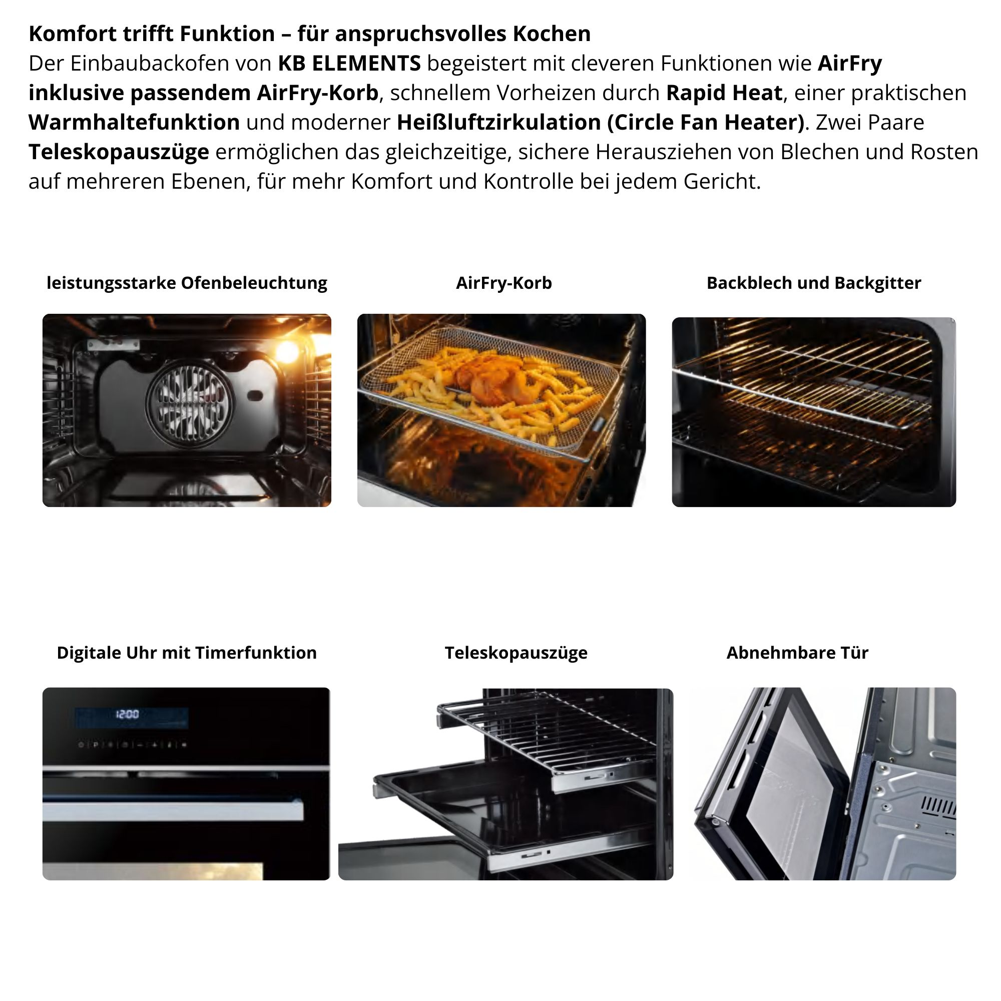 Das Bild zeigt verschiedene Ansichten eines KB Elements Ofens, die Funktionen und Zubehör hervorheben.