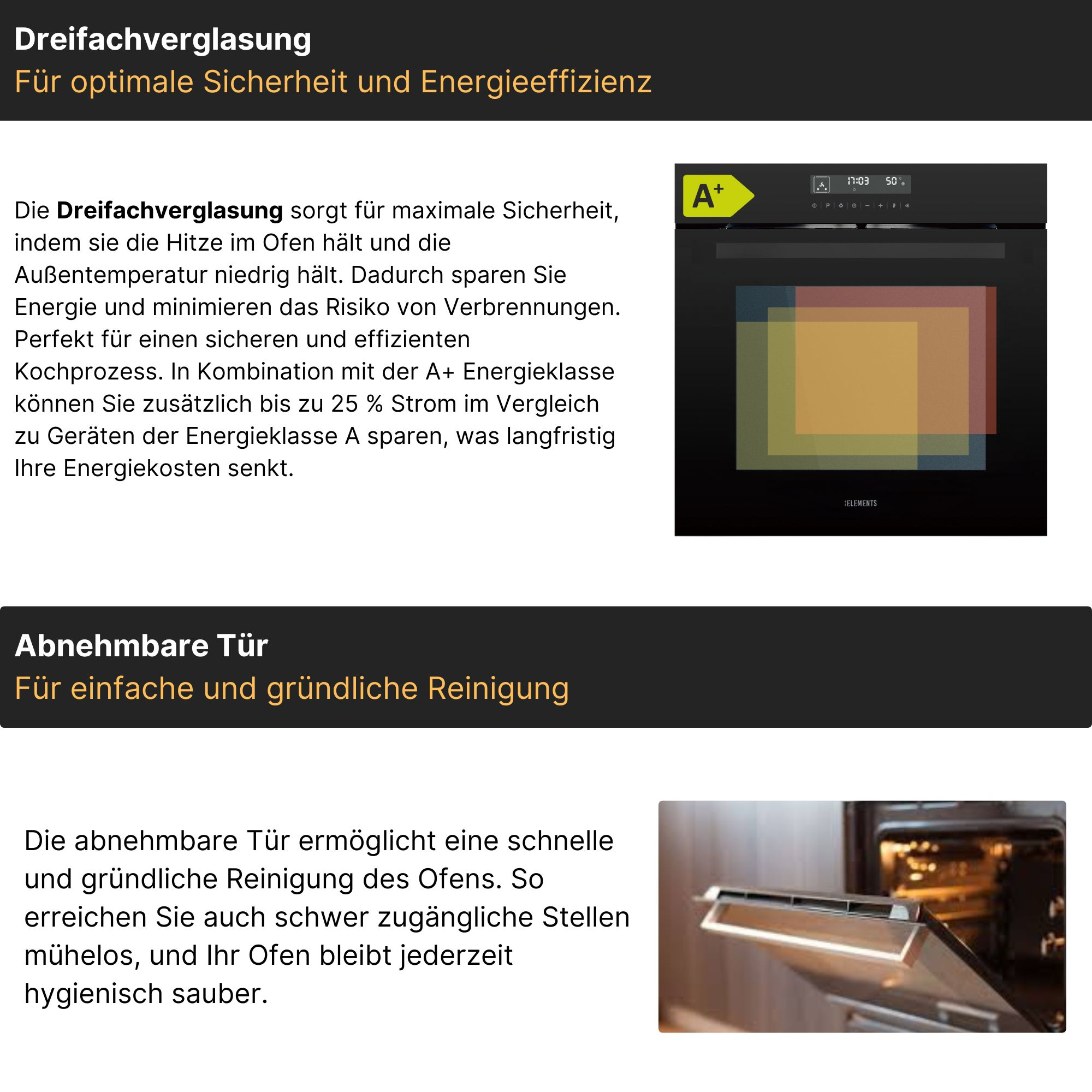 Auf dem Bild ist ein schwarzer Ofen mit der Energieeffizienzklasse A+ zu sehen.