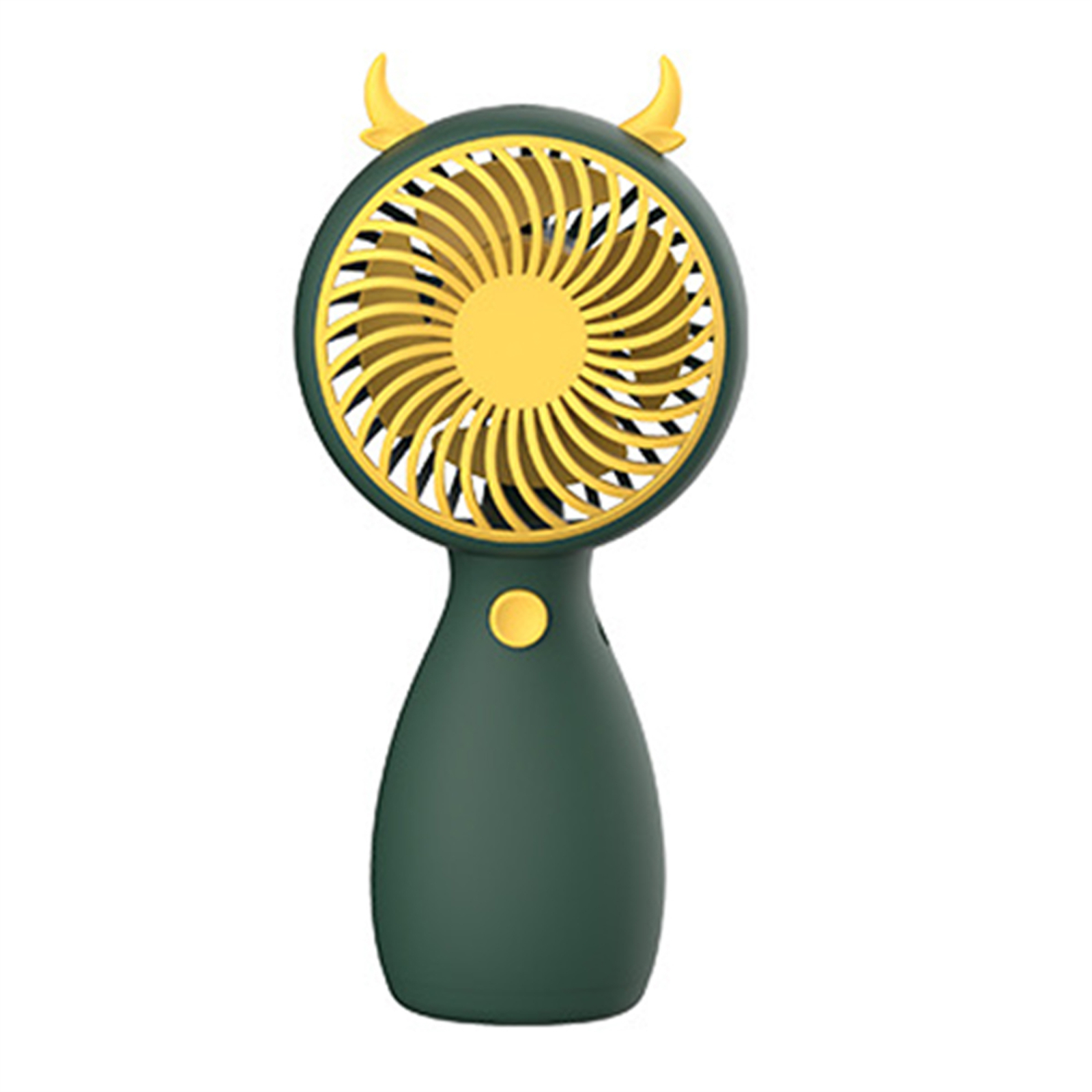 Ein grüner Handventilator mit gelben Akzenten und ochsenhornartigen Dekorationen oben.