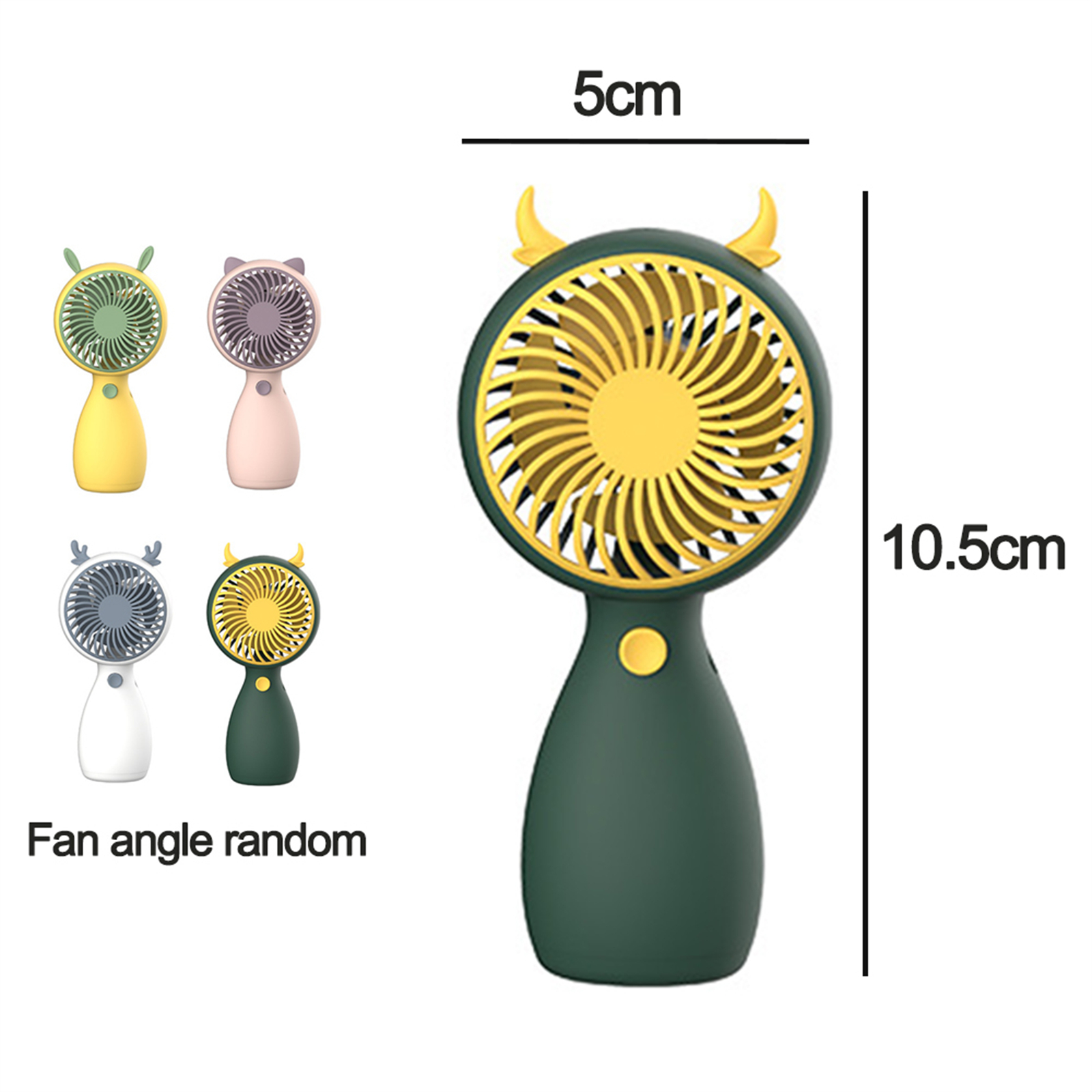 Ein grün-gelber Handventilator mit hornartigen Akzenten, neben verschiedenen farbigen Ventilatoren und Abmessungen.