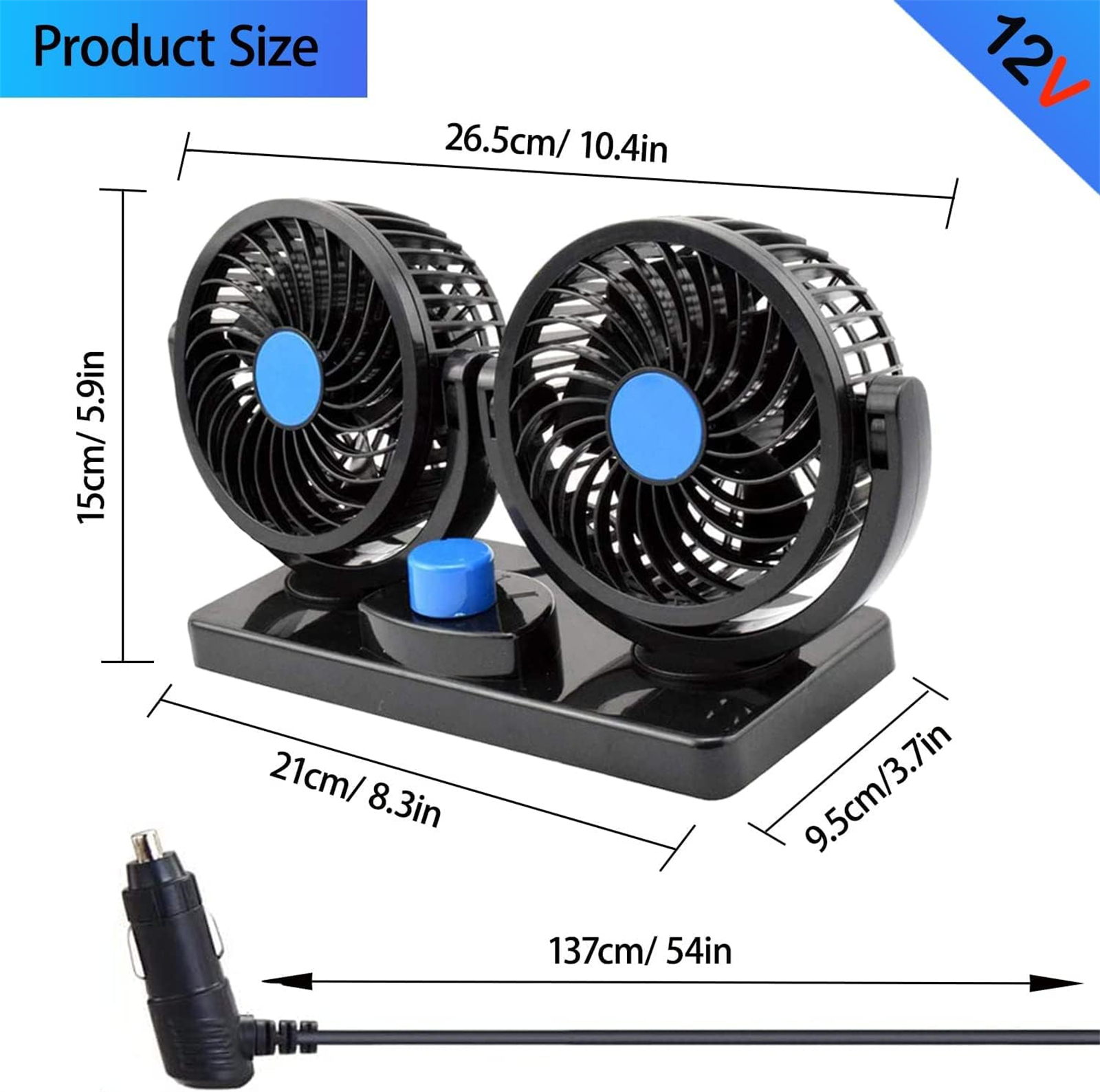 Zwei schwarze Ventilatoren mit blauen Mitten, auf einer Basis montiert, mit Produktgrößenabmessungen.