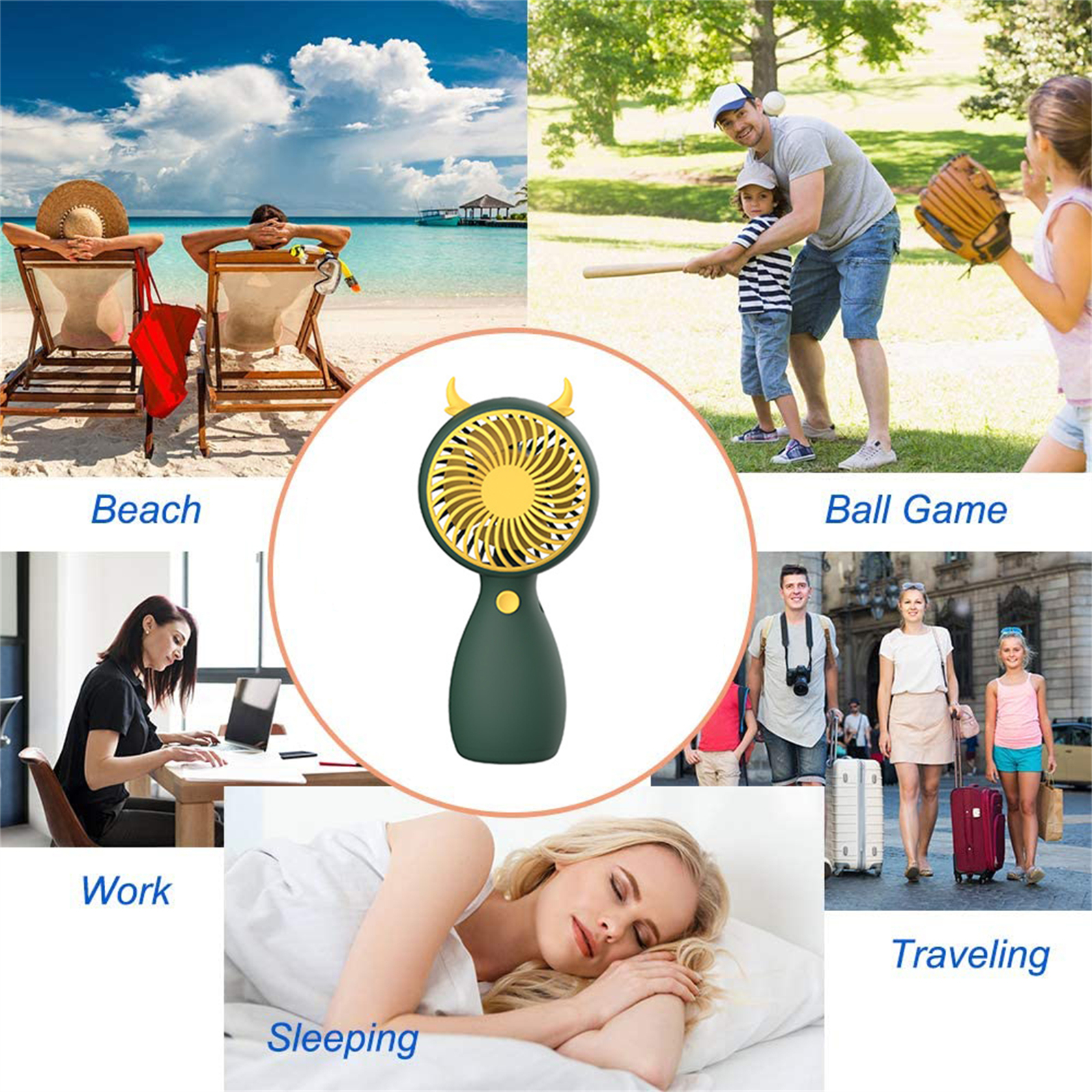 Ein Handventilator in verschiedenen Szenarien wie Strand, Ballspiel, Arbeit, Schlafen und Reisen.