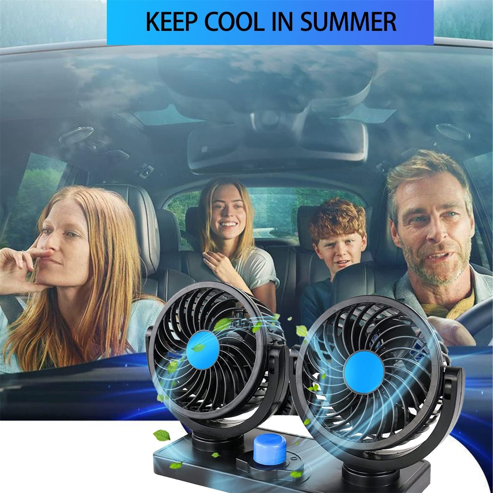 Zwei schwarze Ventilatoren mit blauen Lichtern stehen auf einem Ständer in einem Auto. Personen sind im Hintergrund.
