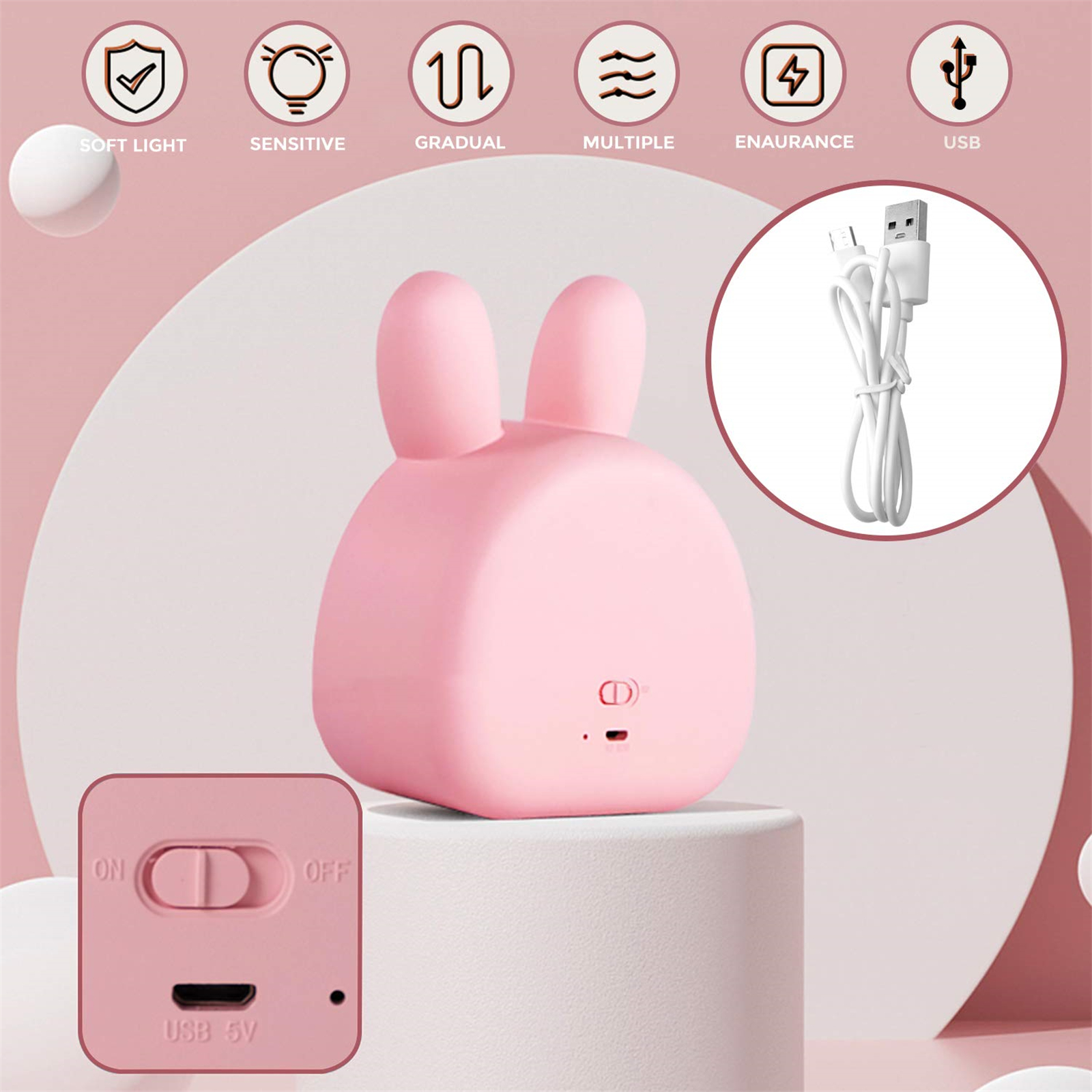 Eine rosa Hasenlampe mit Symbolen, die weiches Licht, empfindliche, allmähliche, mehrfache und USB-Funktionen zeigen.