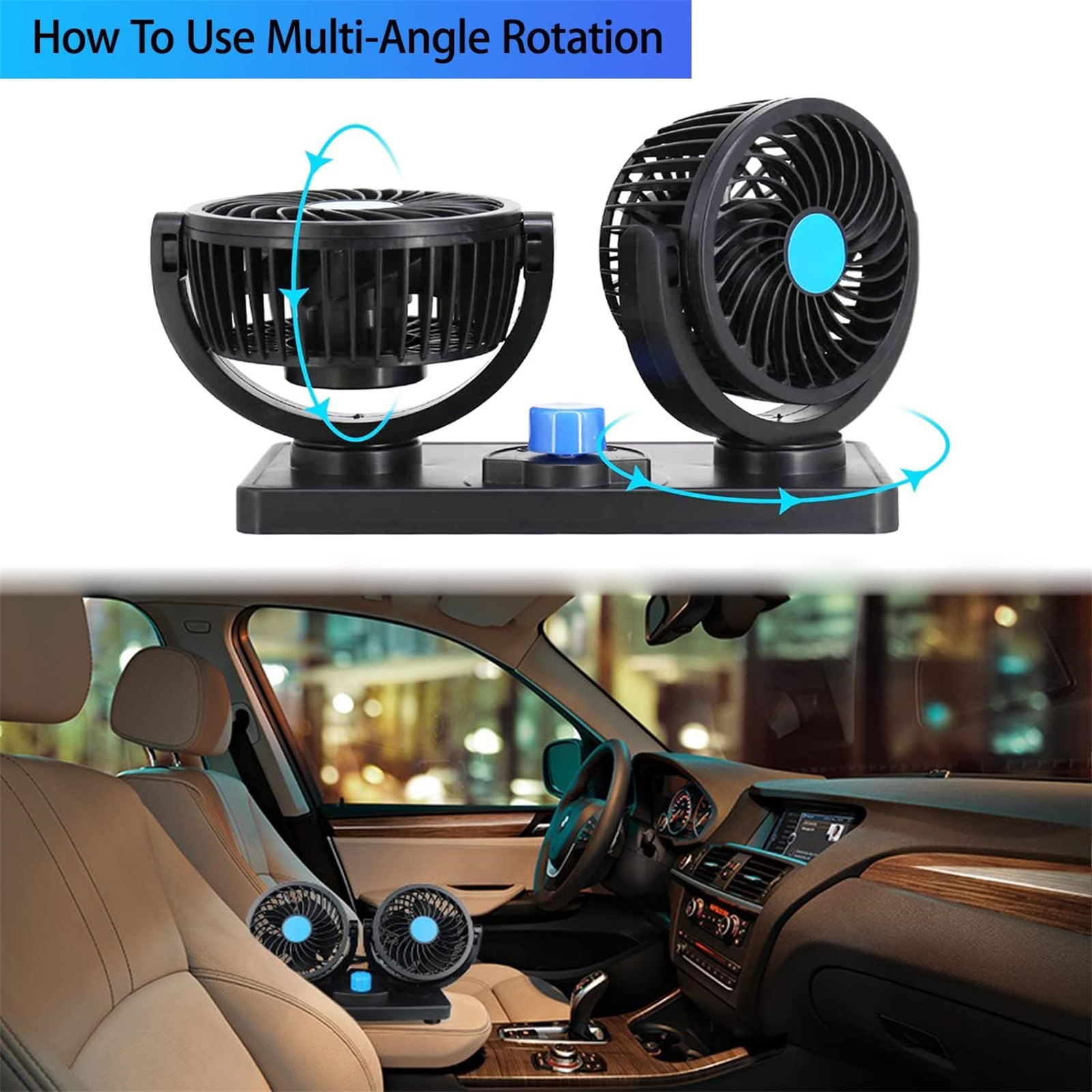 Zwei schwarze Ventilatoren auf einem Ständer mit blauem Knopf, neben dem Innenraum eines Autos. Oben steht 'So verwenden'.
