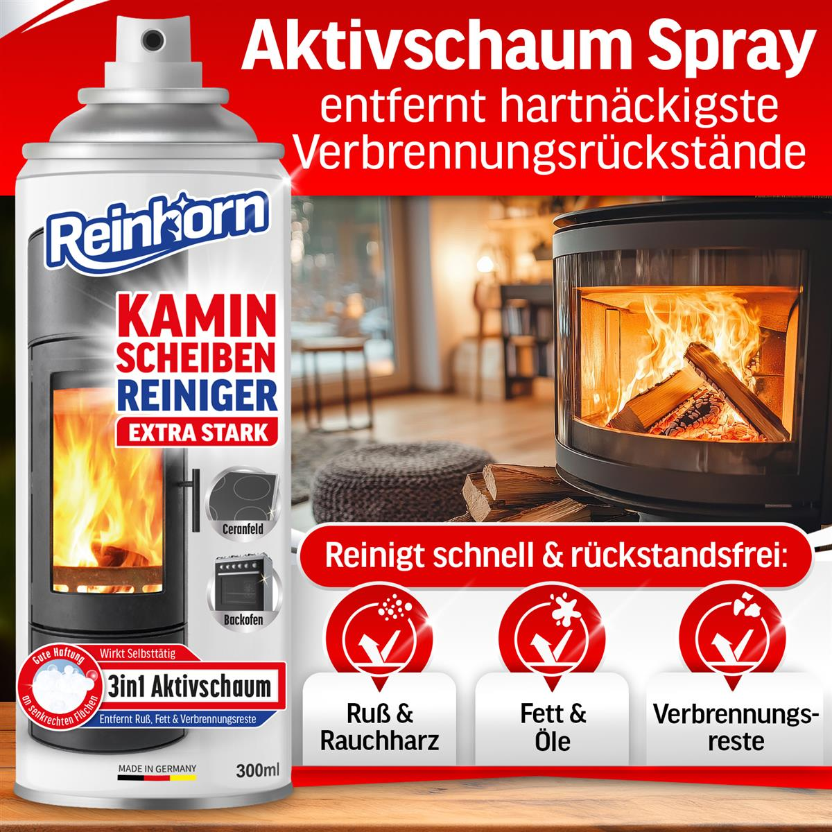 Sprühdose mit Text, neben einem Ofen mit Feuer. Text auf Deutsch.