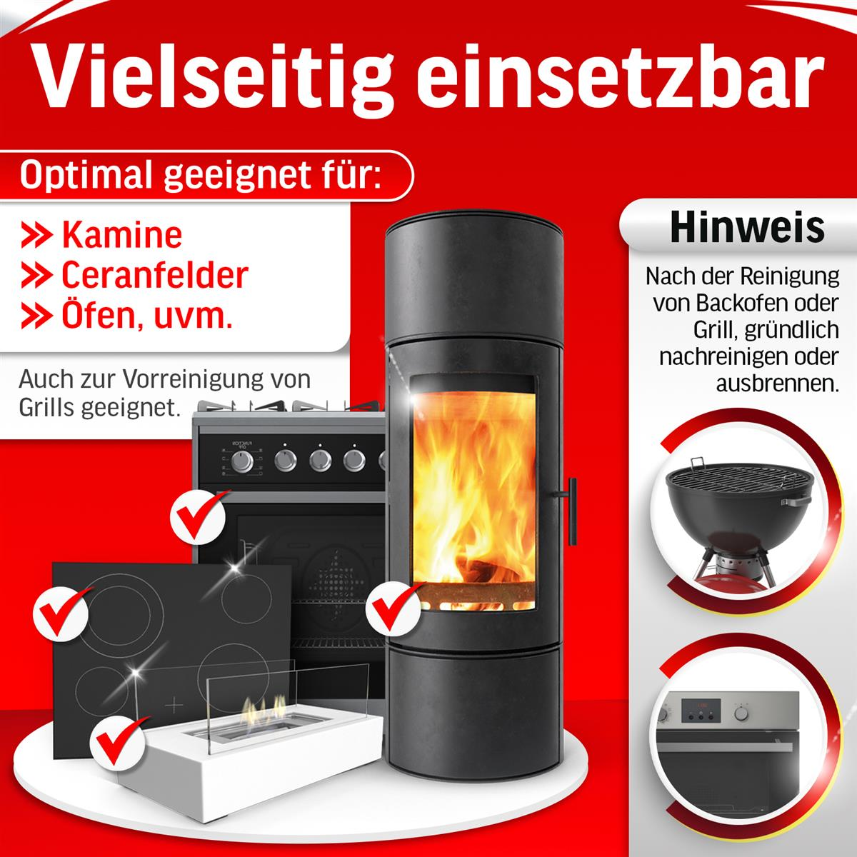 Bild von verschiedenen Geräten mit Häkchen, darunter ein Kamin, ein Ofen und ein Kochfeld. Text bespricht die optimale Verwendung zur Reinigung.