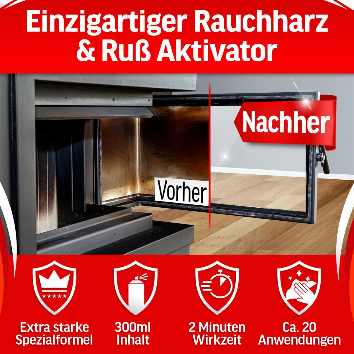 Vorher-Nachher-Bild eines Kamins nach Verwendung eines Produkts. Text enthält Funktionen wie extra starke Formel.