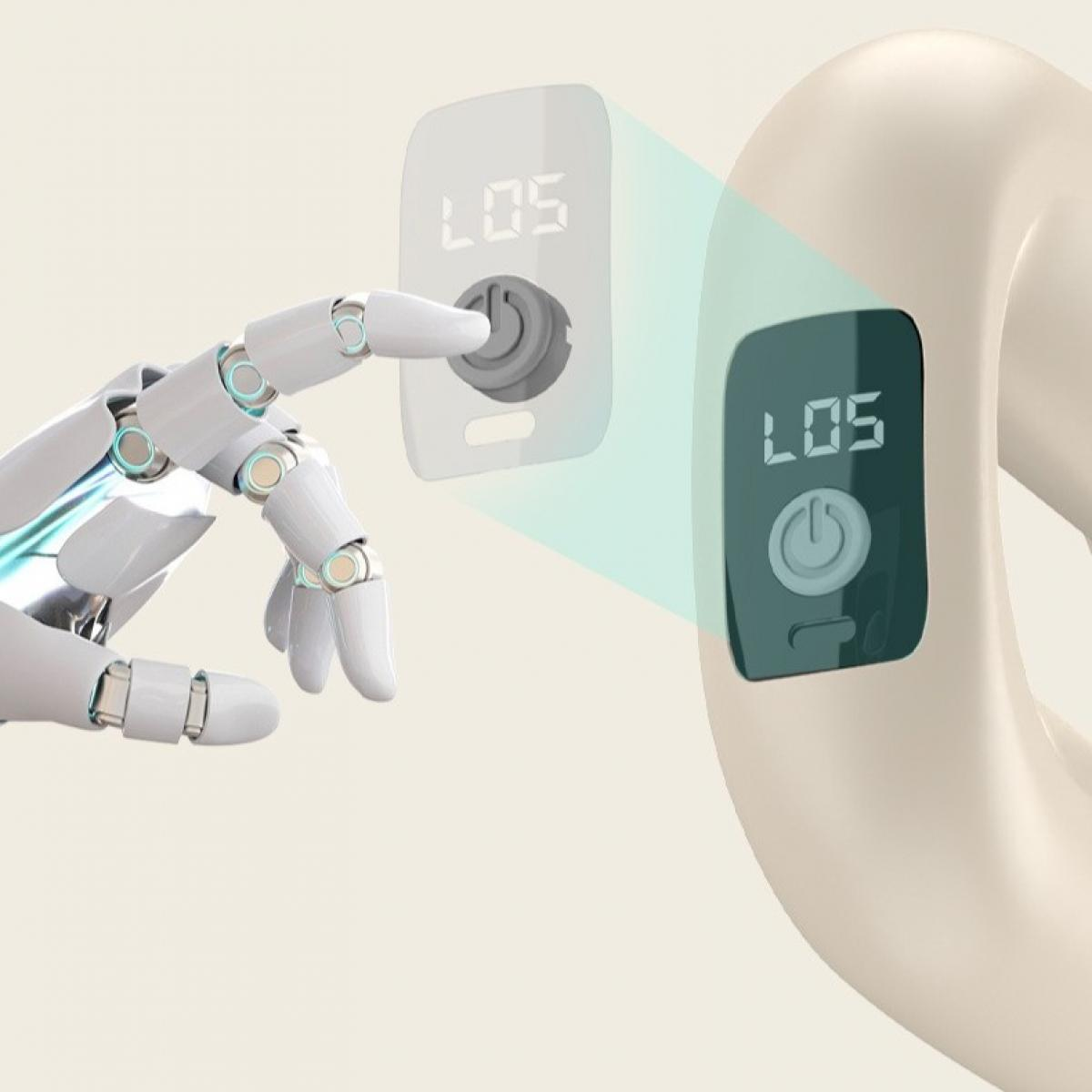 Ein Roboterarm drückt einen Knopf auf einem Gerät mit Bildschirm, der Zahlen anzeigt. Das Gerät ist rosa und gebogen.