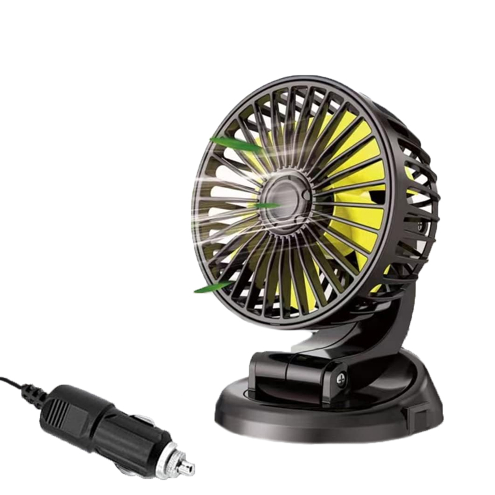 Ein schwarzer Autolüfter auf weißem Hintergrund. Er hat einen gelben Ventilator im Inneren. Der Lüfter ist mit einem Autoladegerät verbunden.