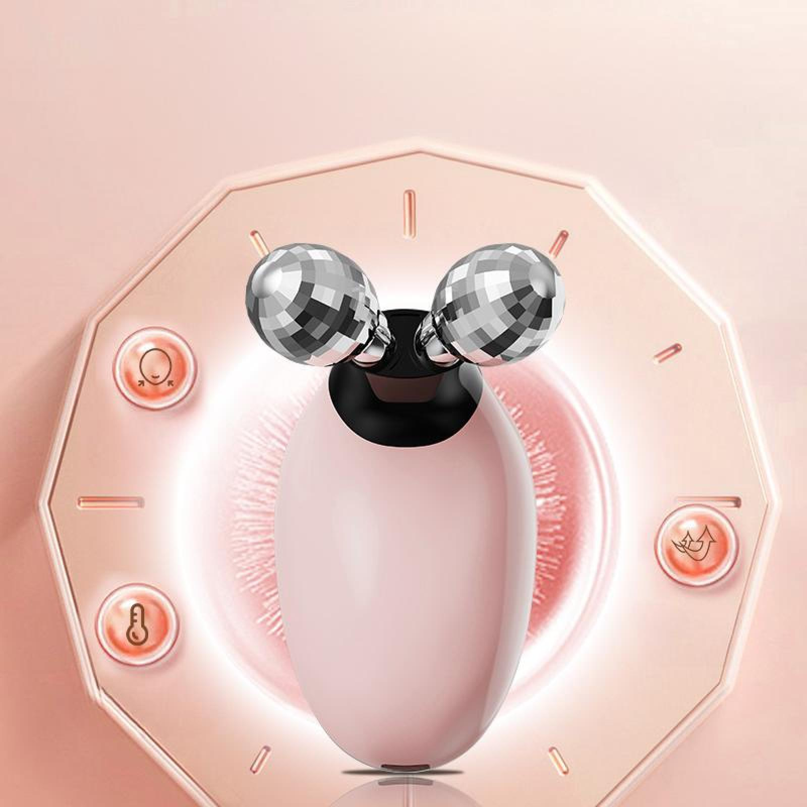 Rosa Gesichtsmassagegerät mit verspiegelten Kugeln und Symbolen drumherum.