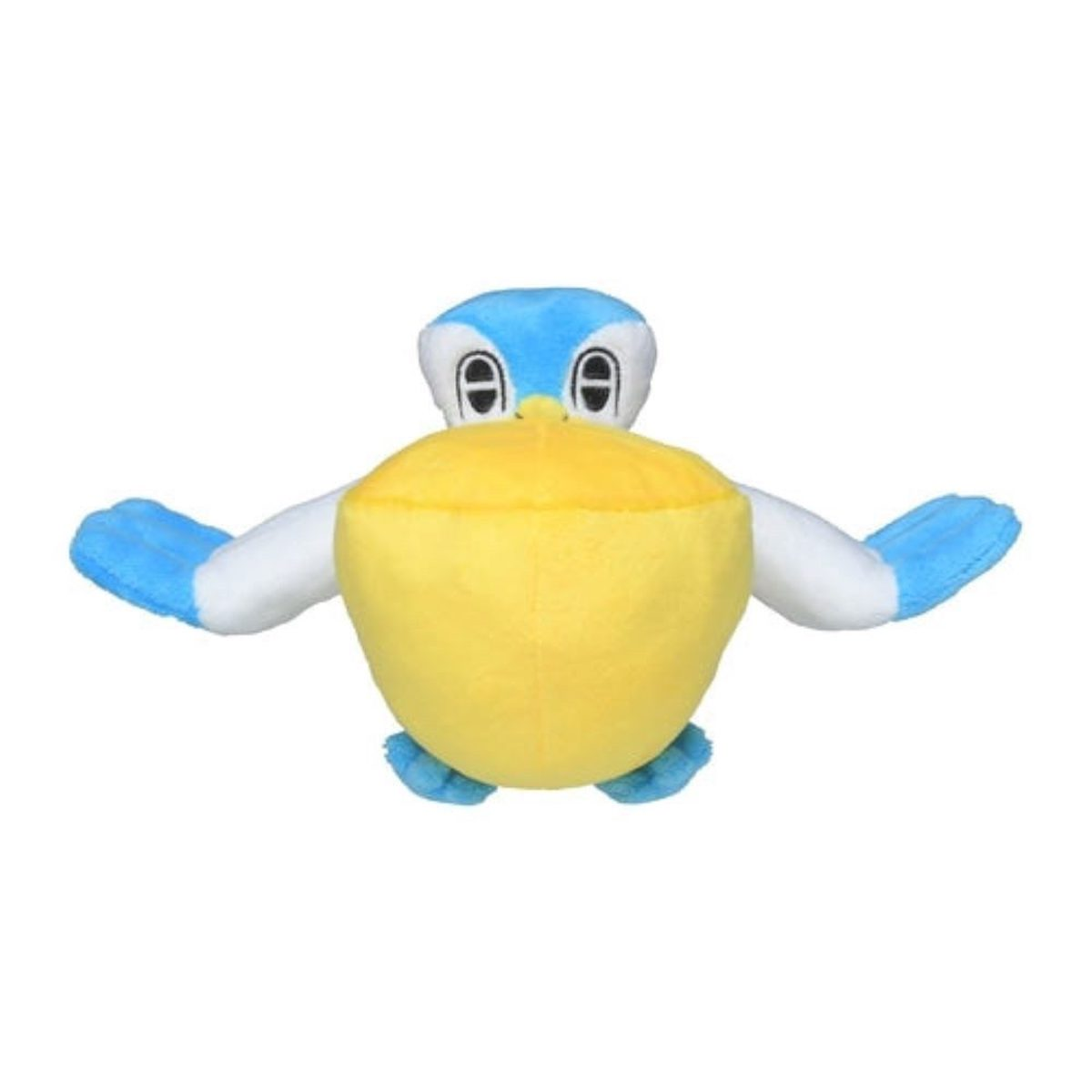 Ein Plüschvogel mit gelber Brust, blauen Flügeln, weißem Körper und Schnabel, offen.