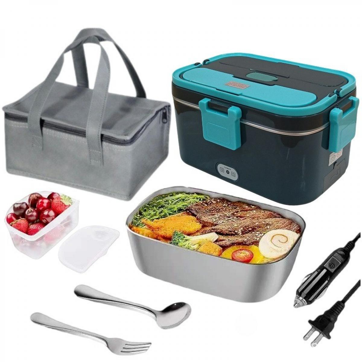 Ein Lunch-Set mit grauer Tasche, Brotdose, Lebensmittelbehältern, Besteck und Ladegerät.