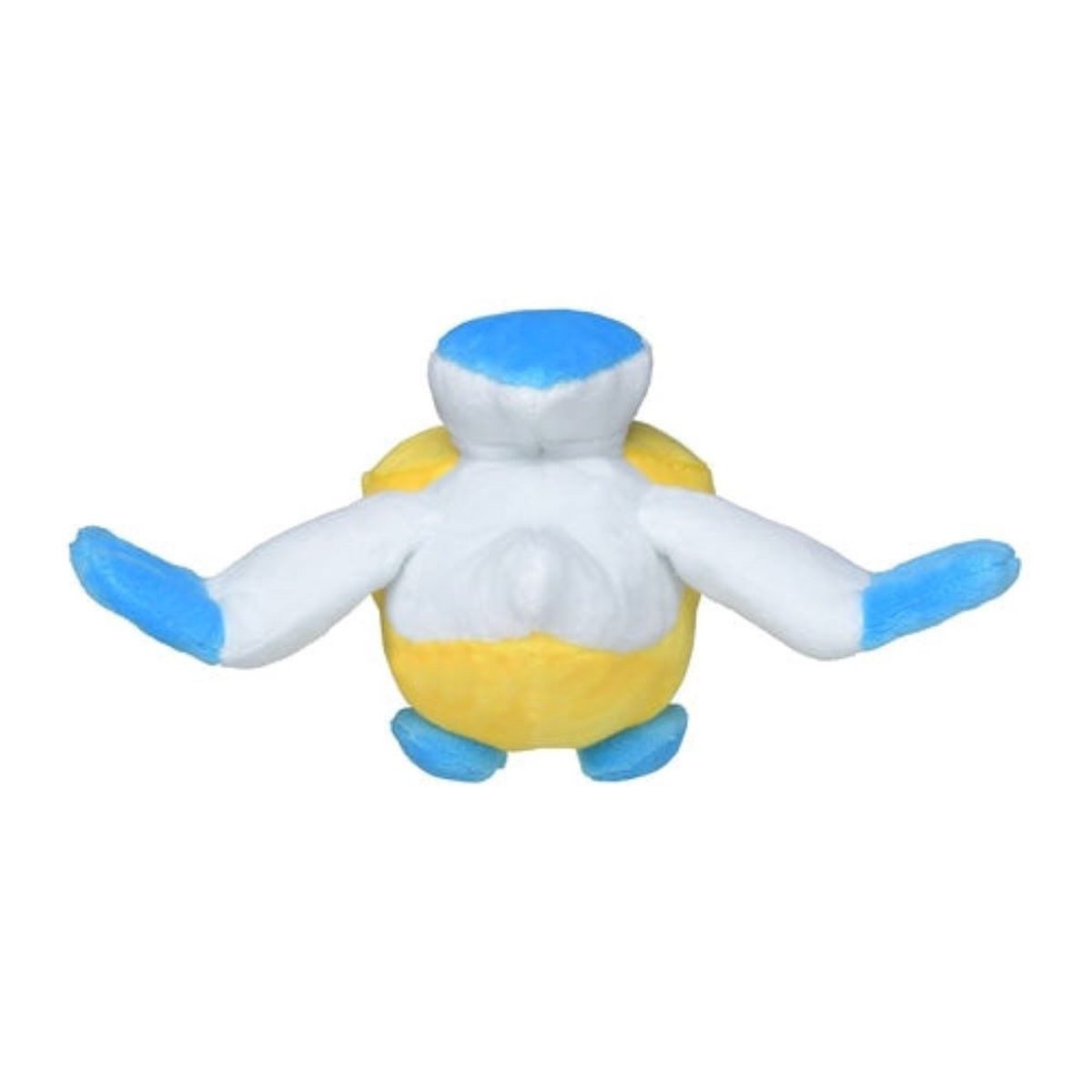 Ein Plüschpinguin, weißer Körper, blaue Flügel und Kopf, gelbe Brust. Die Arme sind ausgebreitet.
