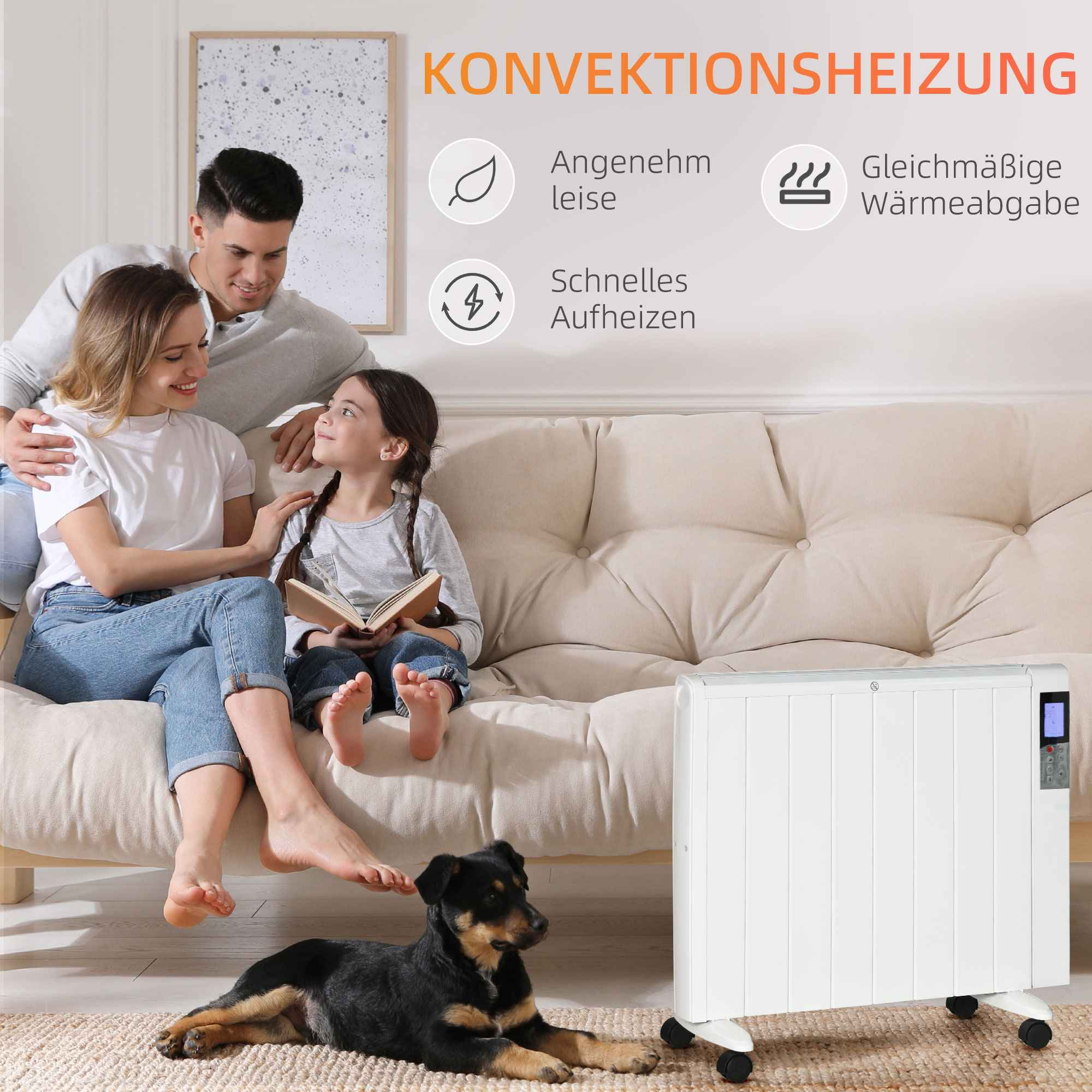 Familie auf einem Sofa mit Hund und Heizung. Die Heizung ist weiß und hat eine digitale Anzeige. Text über Konvektionsheizung.