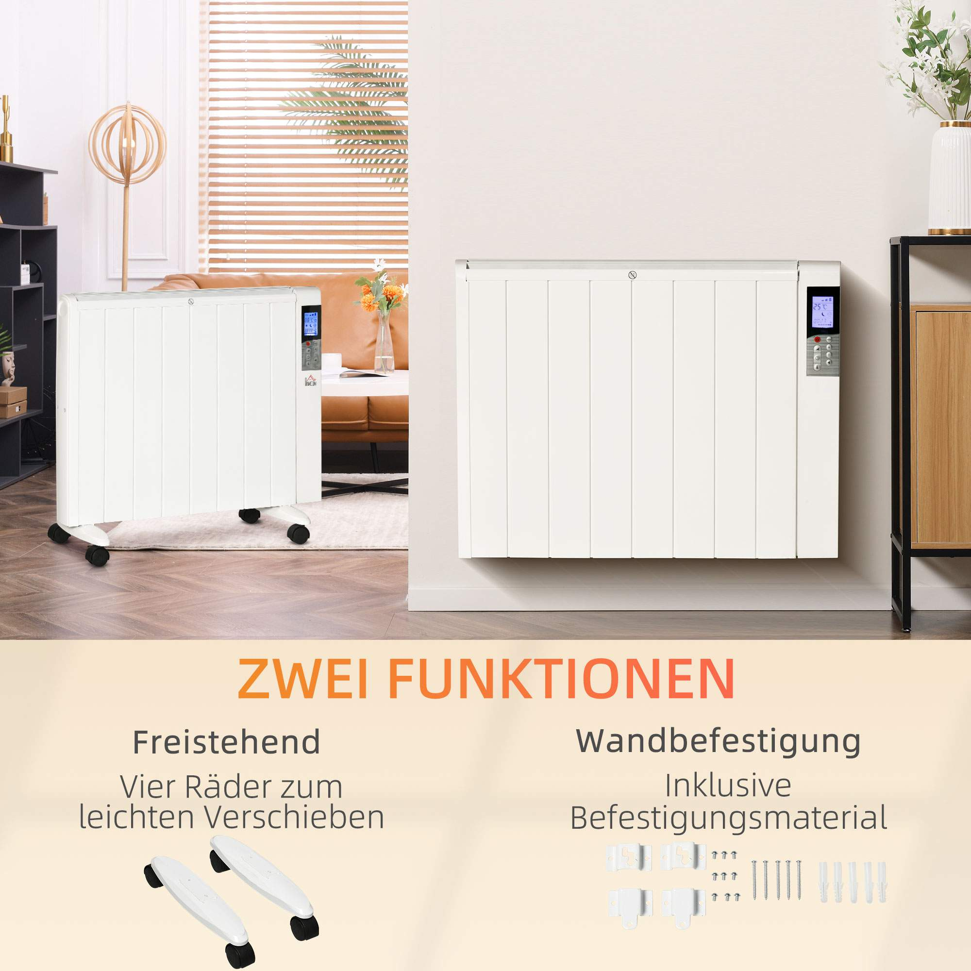 Zwei weiße Heizungen, eine auf Rädern, eine an der Wand montiert. Text auf Deutsch beschreibt Funktionen.