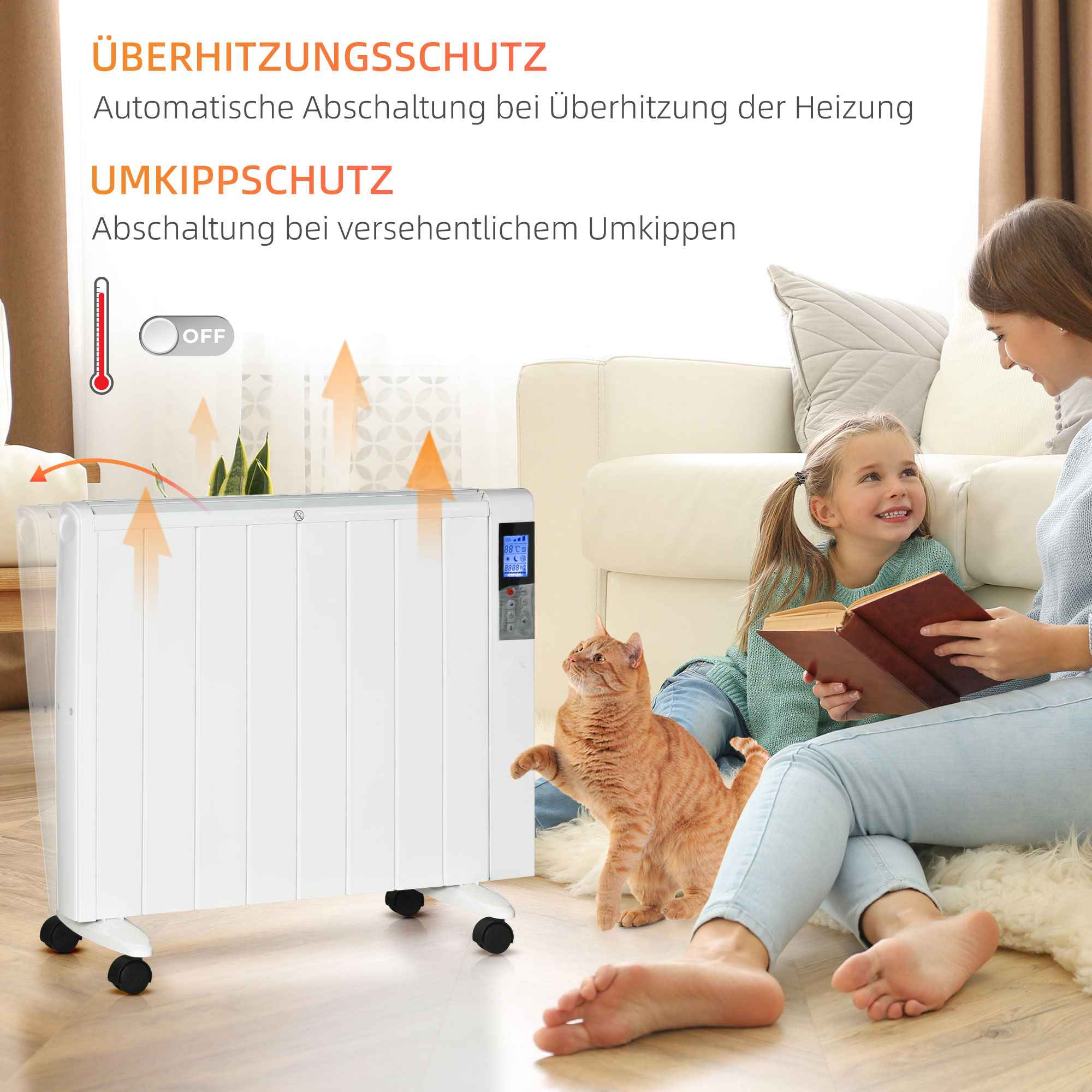 Eine Familienszene mit Heizung, Katze und Personen. Eine Frau und ein Mädchen lesen. Text kennzeichnet Sicherheitsmerkmale.
