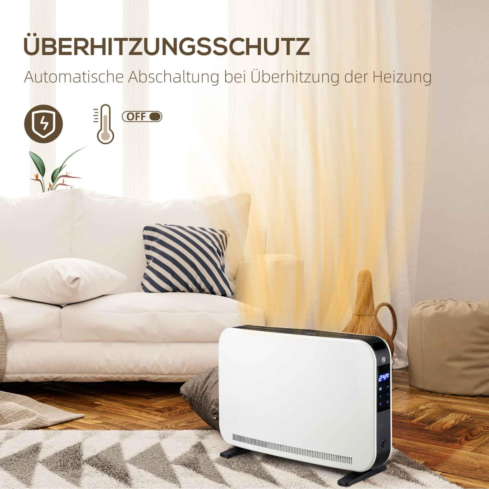 Weißer Elektroheizer in einem Wohnzimmer. Text auf Deutsch beschreibt Überhitzungsschutz und ein Aus-Symbol.