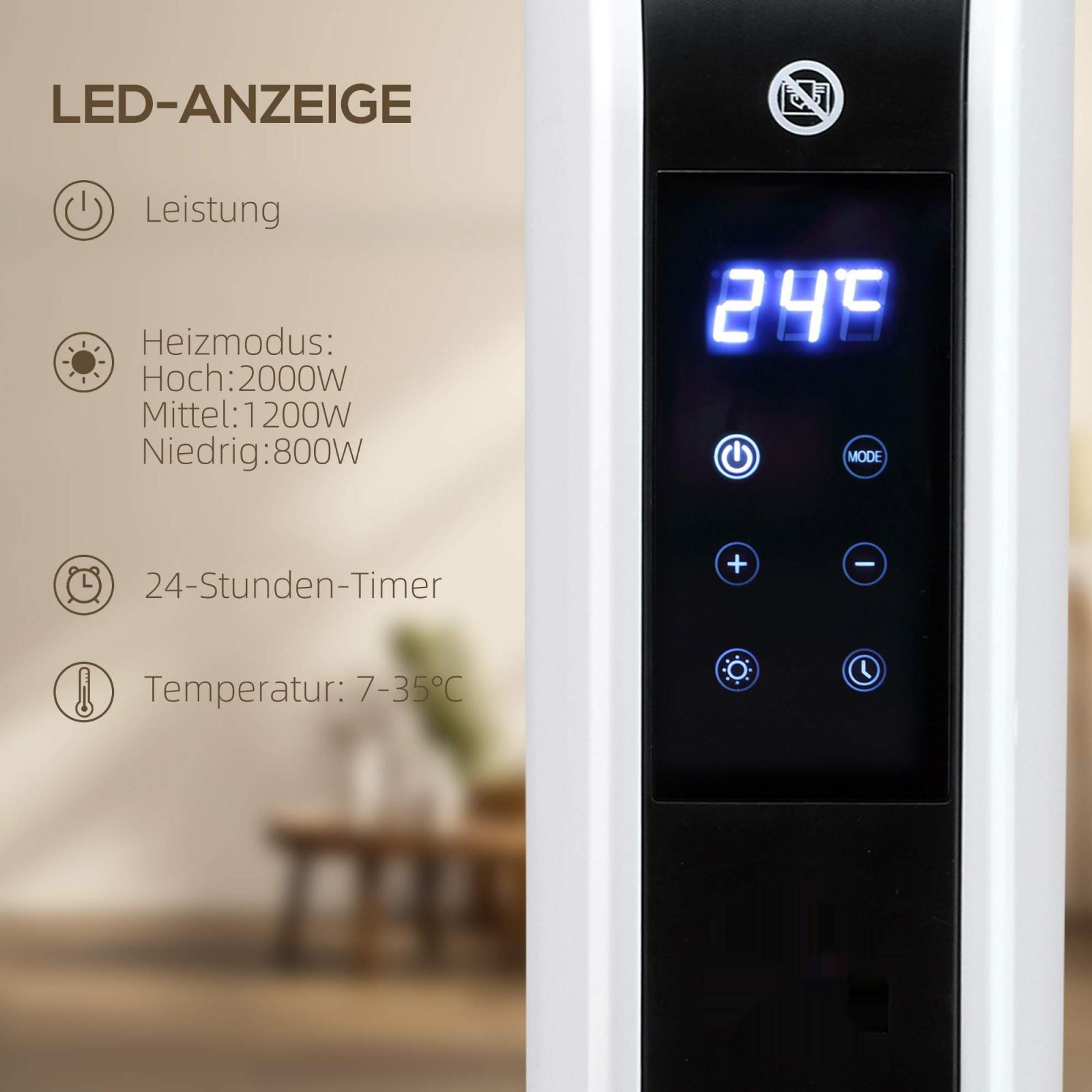 Nahaufnahme eines Bedienfelds eines Elektroheizgeräts. Hat ein digitales Display und verschiedene Knöpfe mit Beschriftungen.