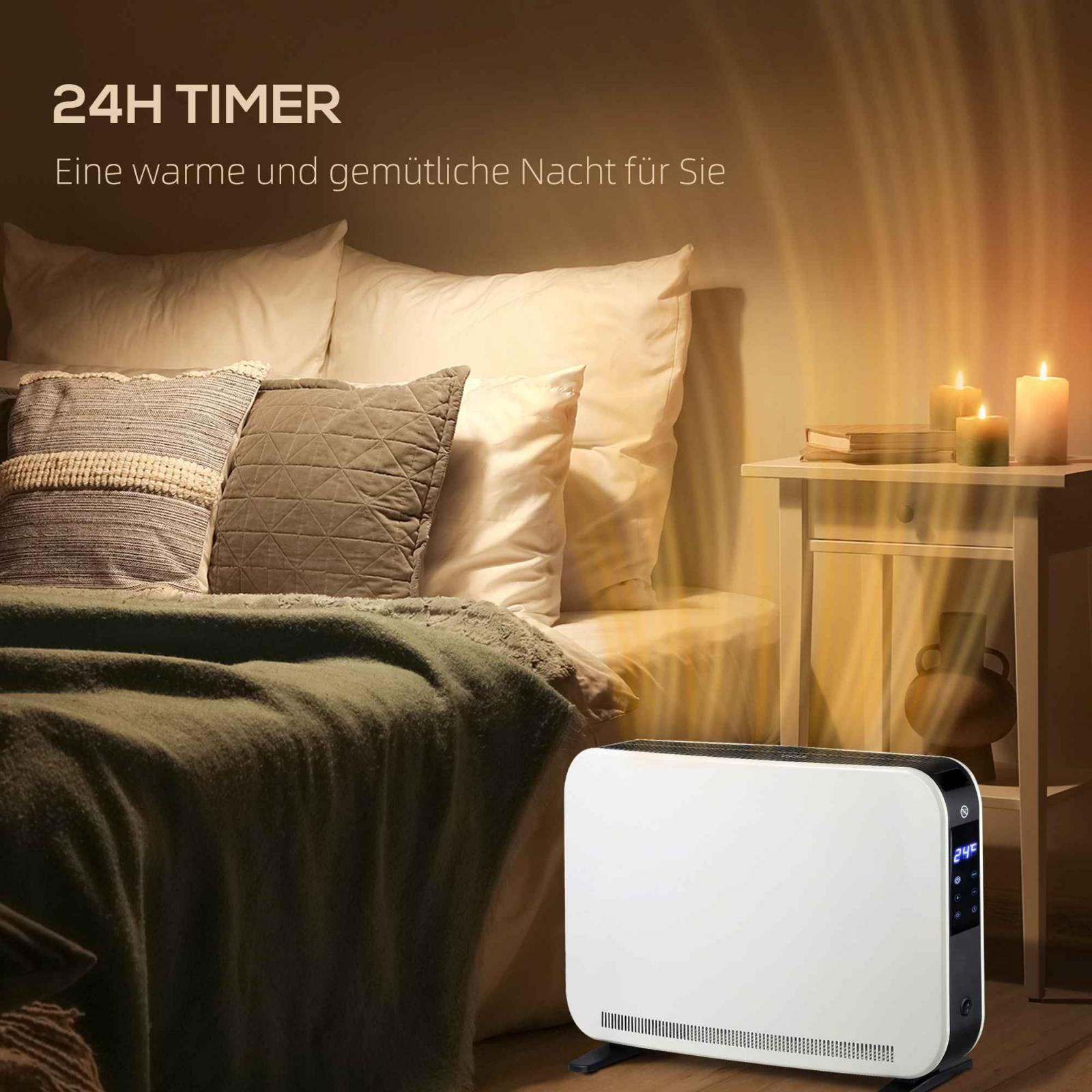 Eine weiße Elektroheizung mit Digitalanzeige, in einem Schlafzimmer mit Kerzen und einem Bett.