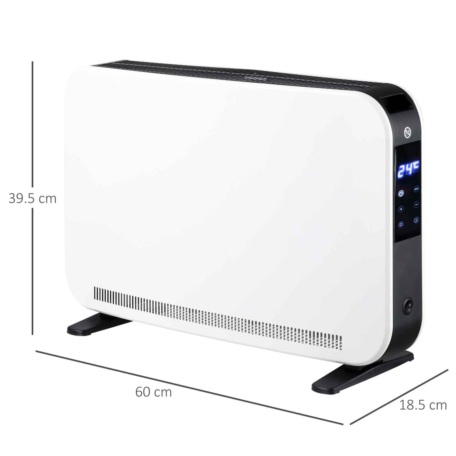Weißer Elektroheizer mit Abmessungen. Er ist oben schwarz und hat ein Display. Die Abmessungen sind in cm.