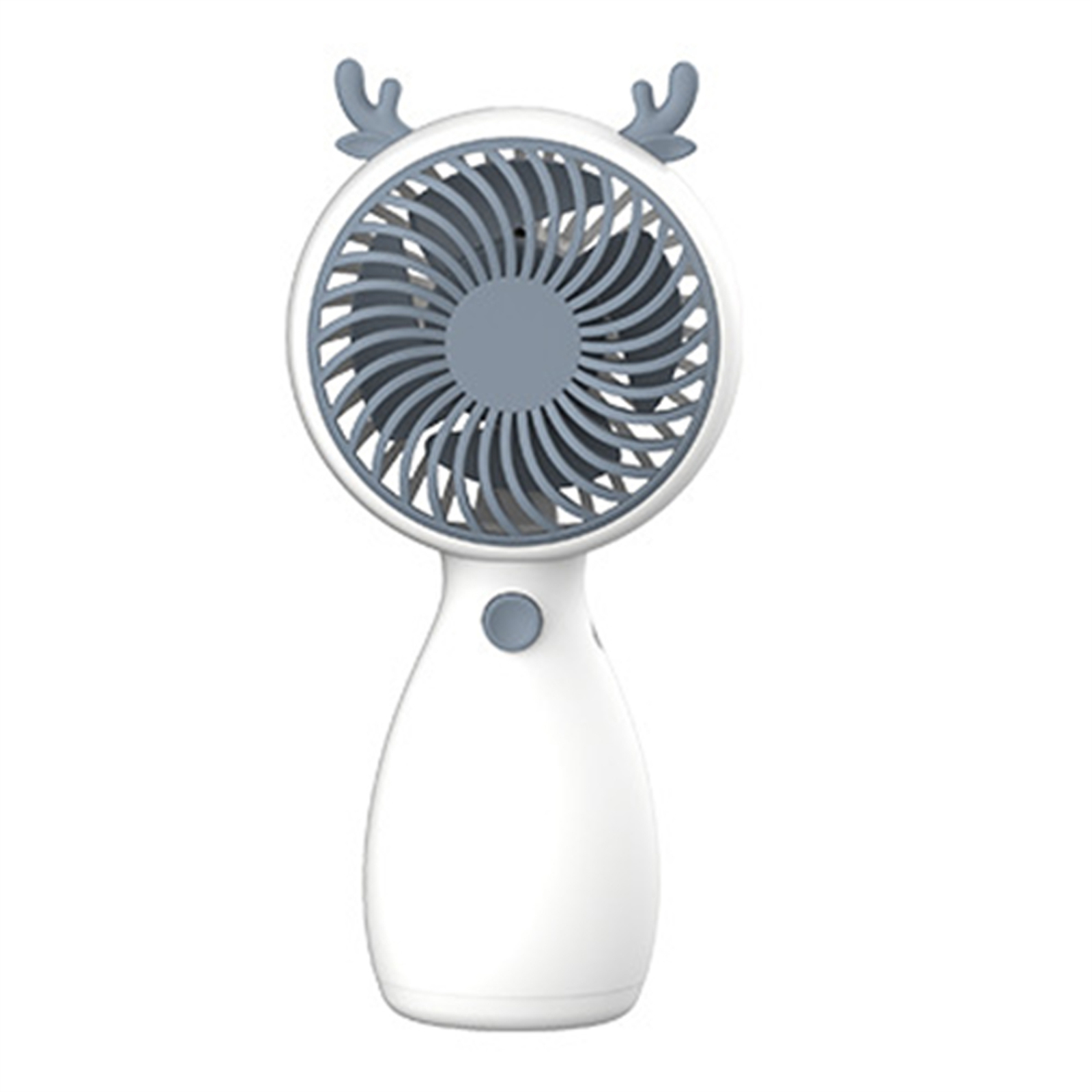 Weißer tragbarer Ventilator mit blauen Akzenten. Hat Geweih und einen Knopf. Isoliert auf weißem Hintergrund.