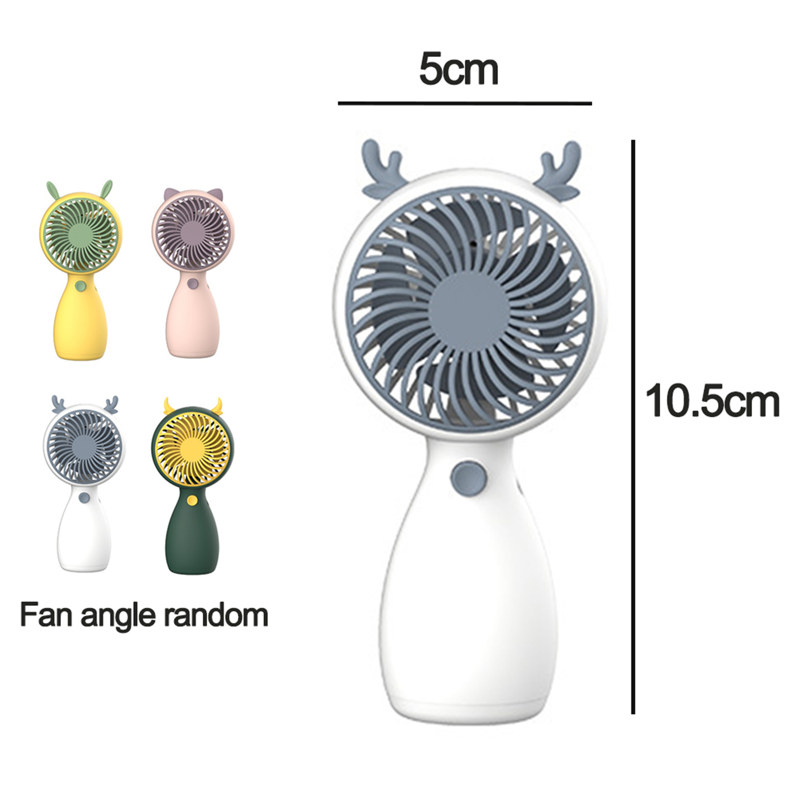 Ein weißer Handventilator mit Geweih, neben anderen Ventilatoren und Maßen. Text lautet 'Fan angle random'.