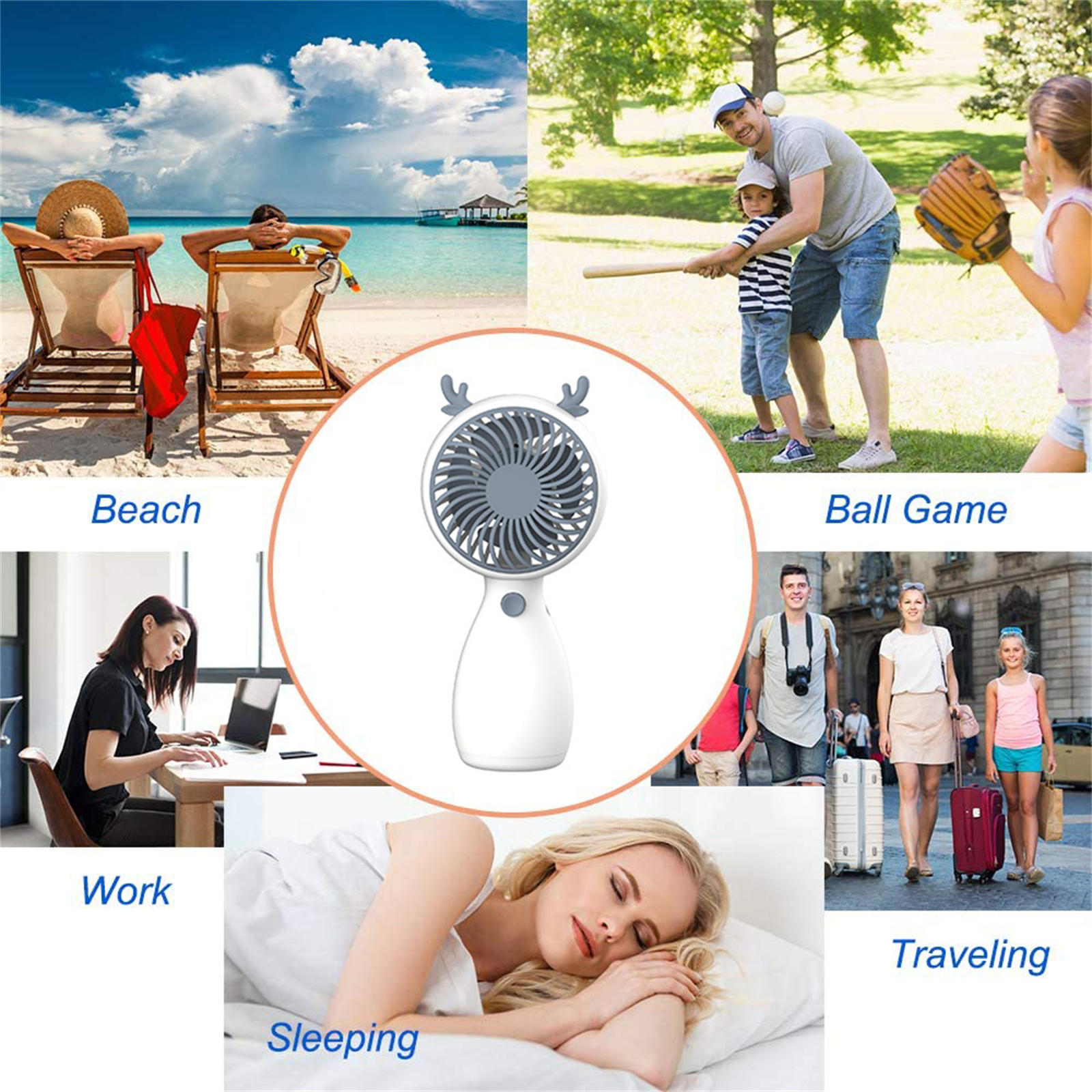 Collage von Szenen: Strand, Ballspiel, Arbeit, Schlafen und Reisen, mit einem Handventilator in der Mitte.