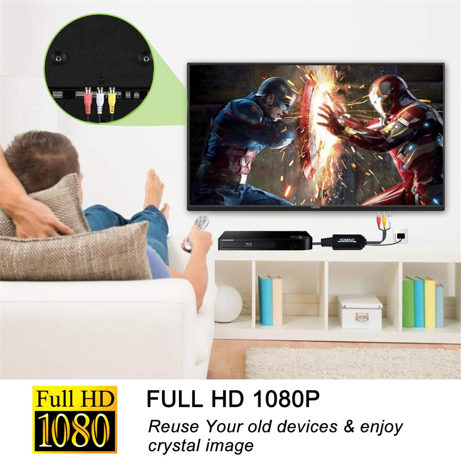 Eine Person sieht fern mit einer Filmszene. Eine Konverterbox steht auf dem Regal. Kabel sind angeschlossen.