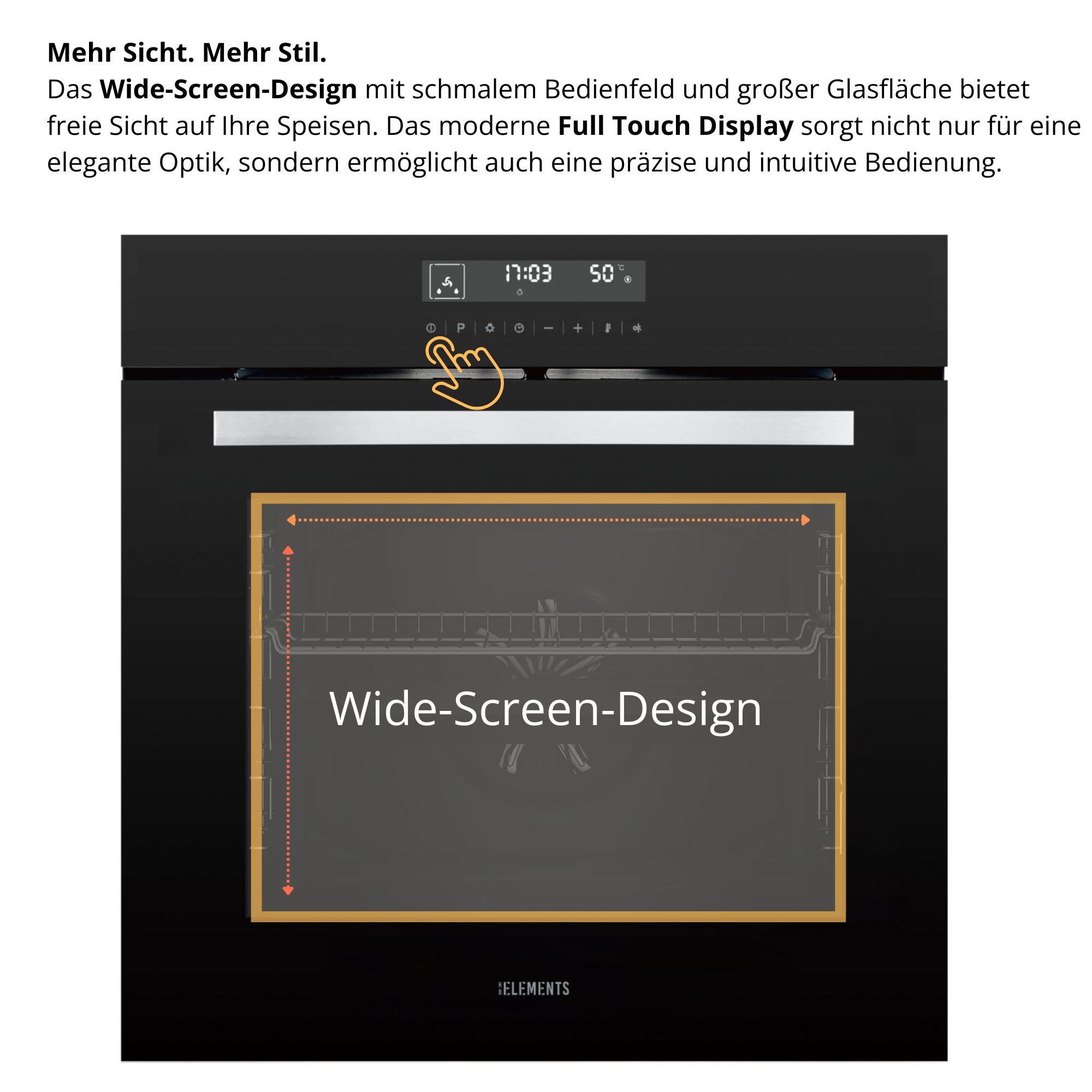 Schwarzer Ofen mit Touchscreen. Der Bildschirm zeigt Timer und Temperatur.