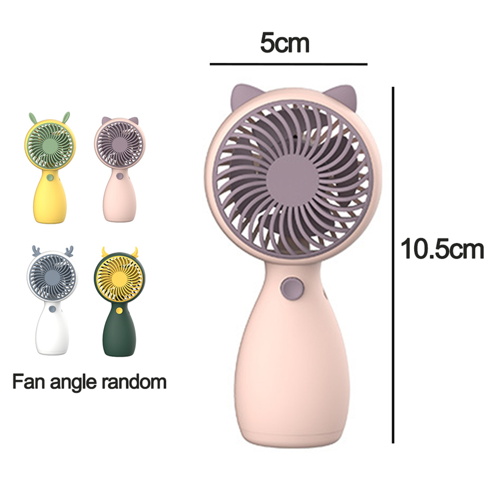 Verschiedene kleine Ventilatoren in verschiedenen Farben. Einer ist rosa, mit Maßen.